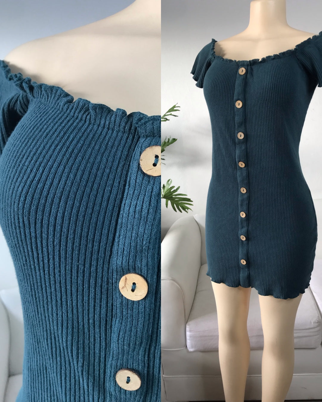 Active USA Jade Green Ribbed Bodycon Dress Off the Shoulder - L