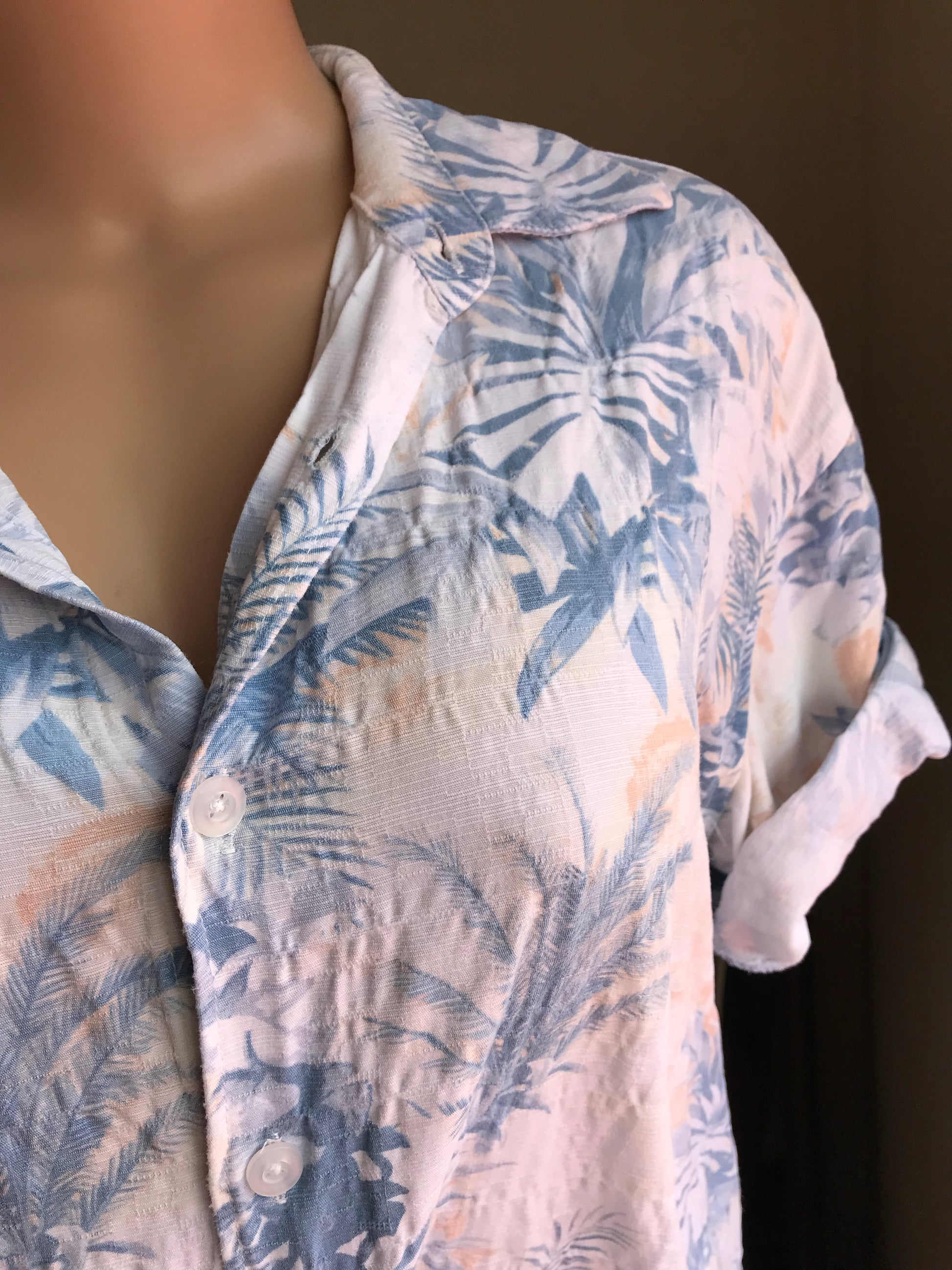 Vintage Pastel Blue Palm Button Down Mens - M
