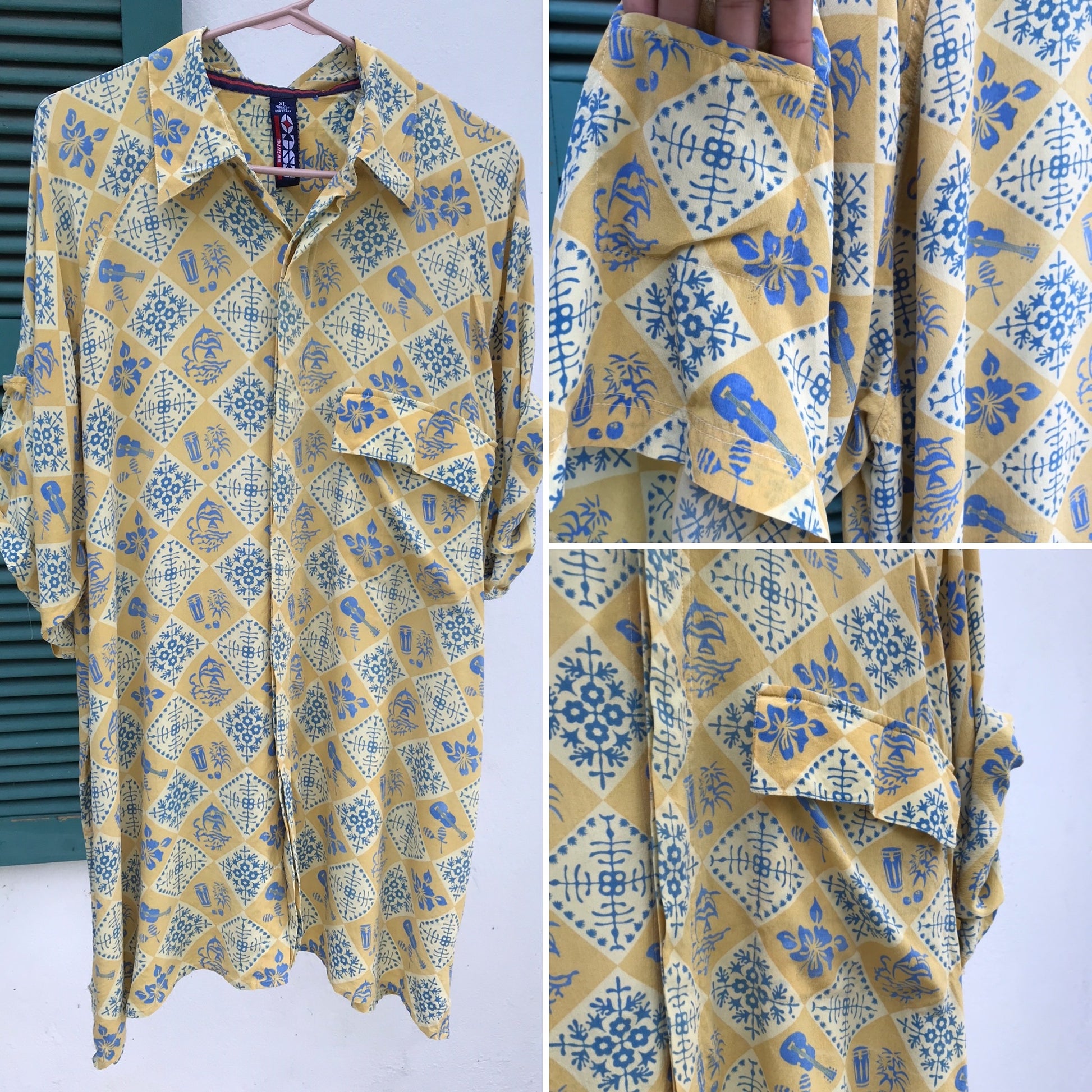 Vintage 100% Silk Yellow Aloha Shirt Mens