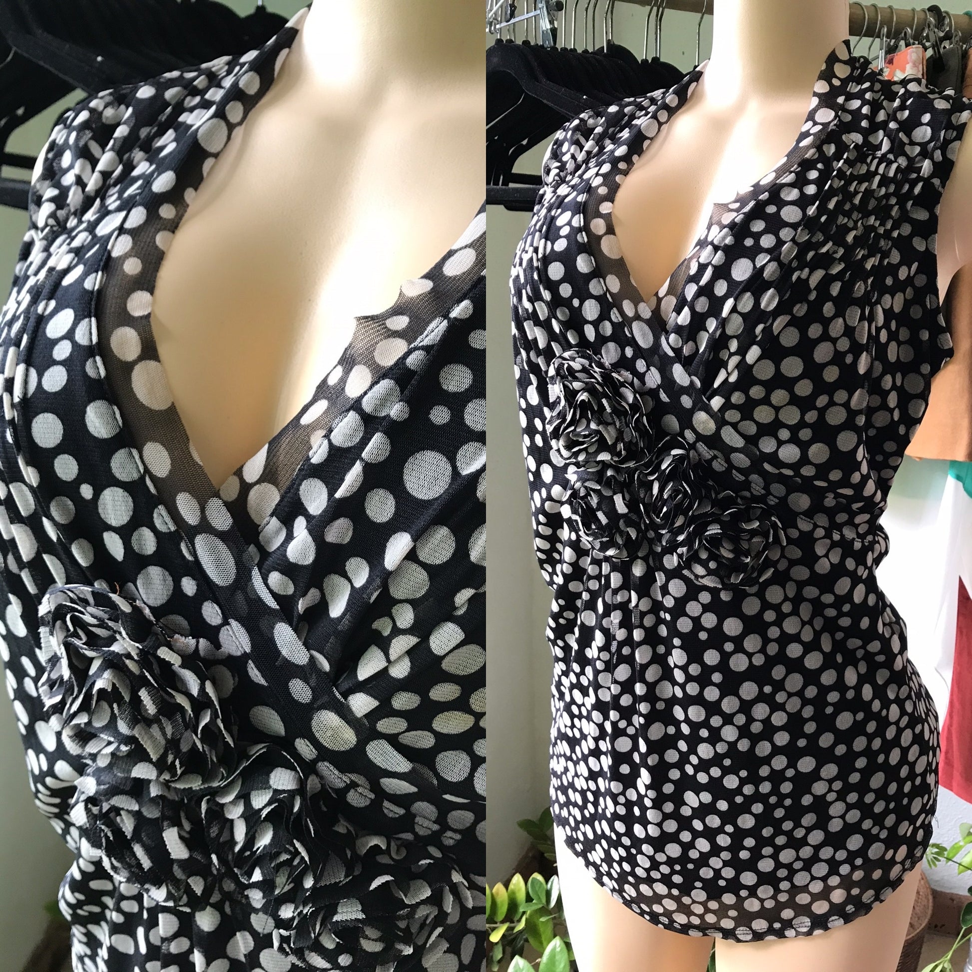 B&W Stretchy Mesh Polka Blouse Flowers
