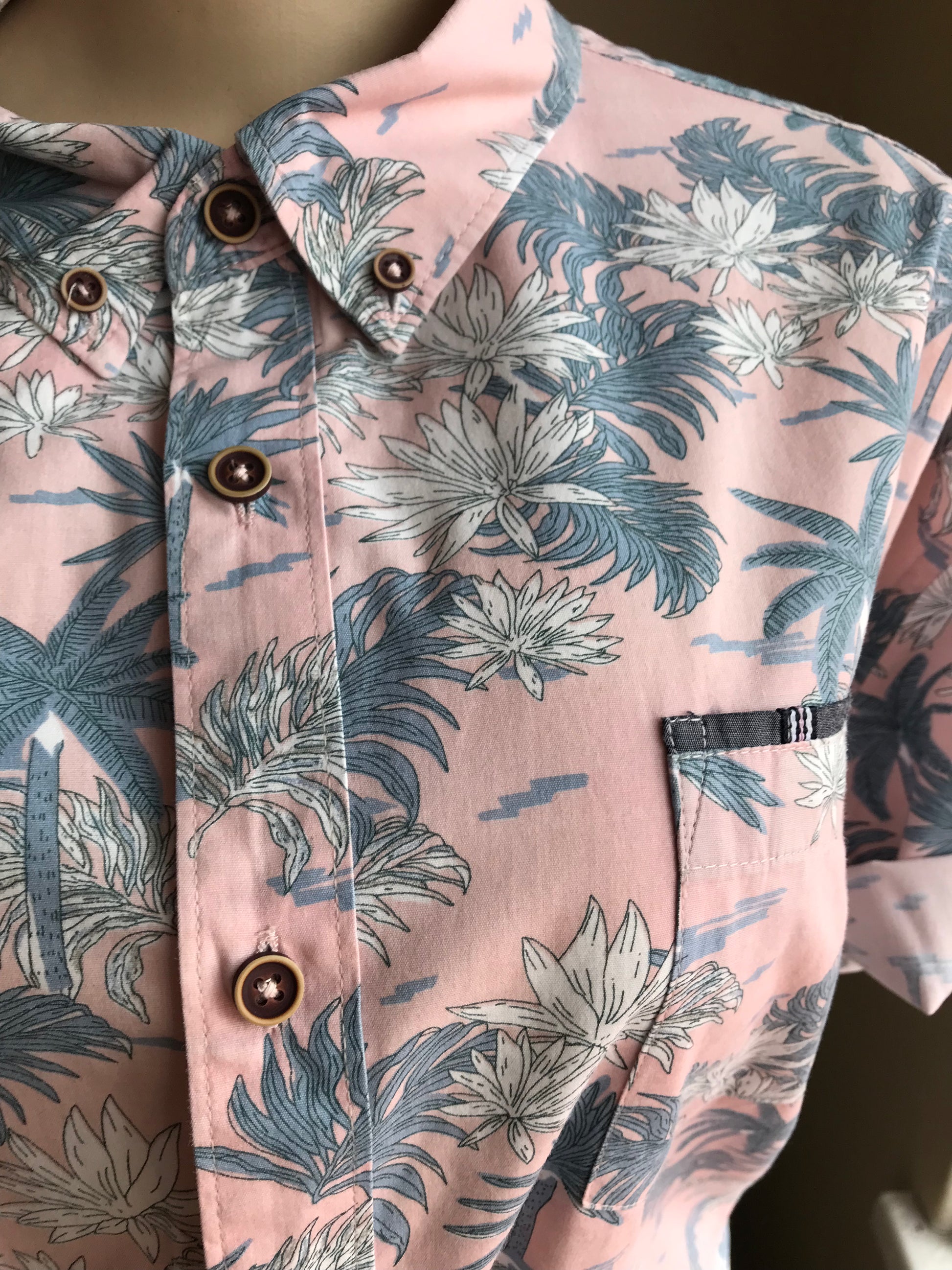 Pink Button Shirt Palm Print Mens XL