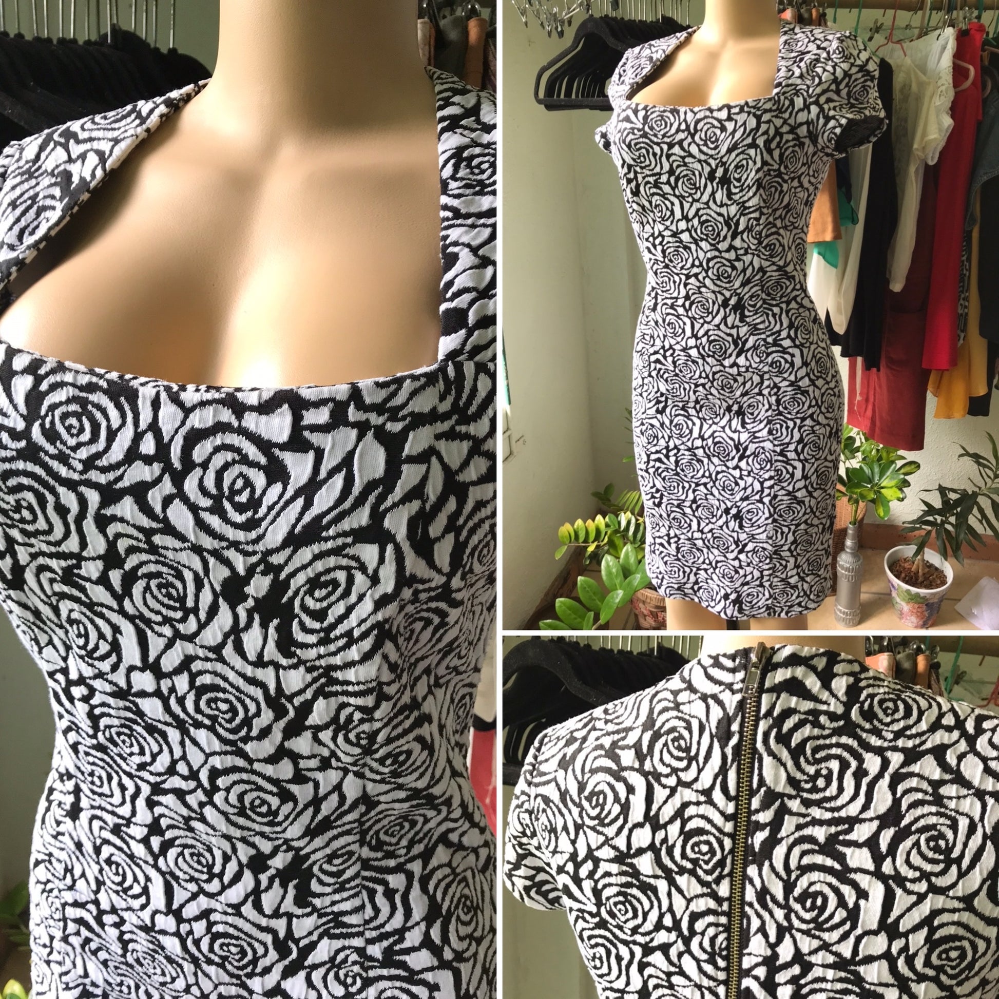 B&W Rose Embossed Zip Back Work/Play Dress