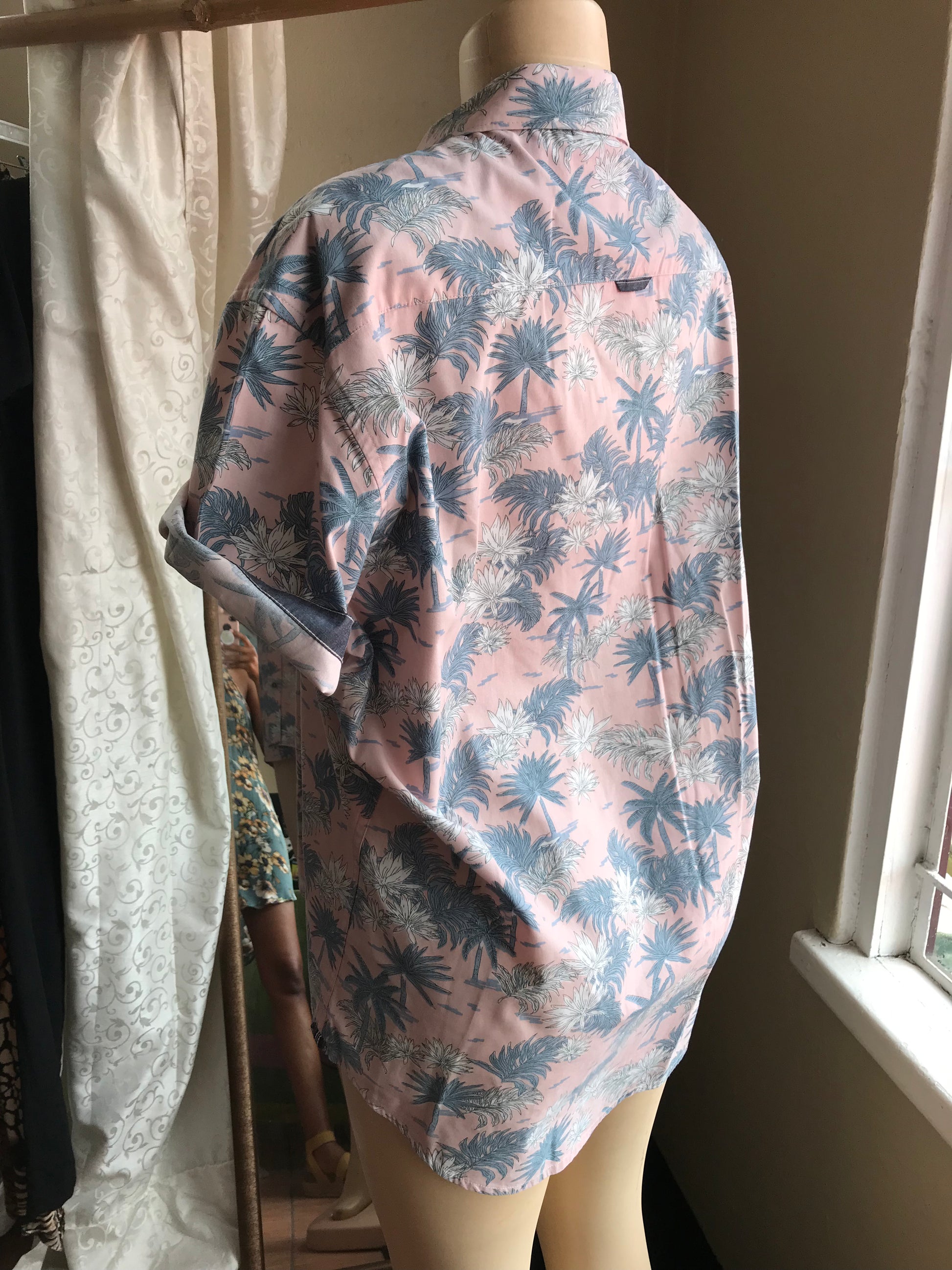 Pink Button Shirt Palm Print Mens XL