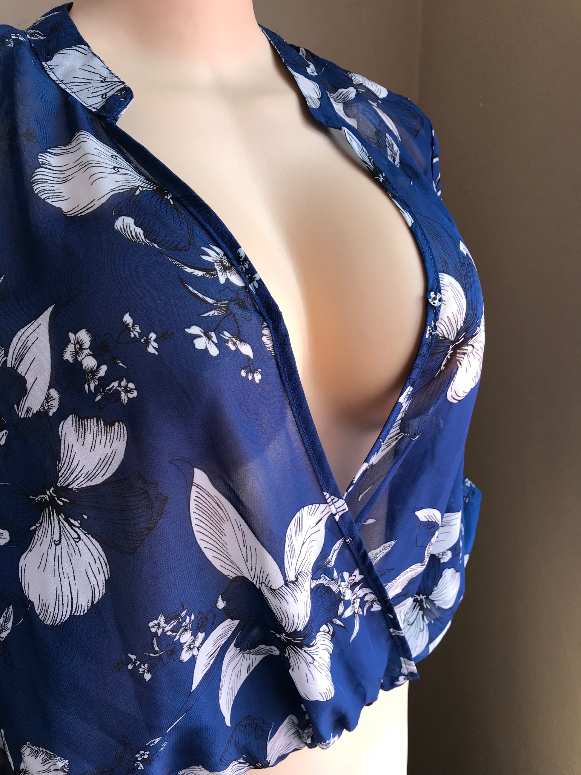 Navy Sheer Floral Blouse V Cut