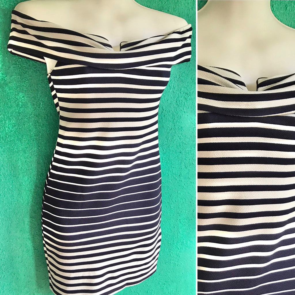 GUESS Stripe Off the Shoulder Bodycon Dress V White