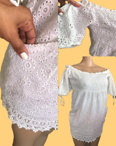 Retro White 100% Cotton Eyelet Off The Shoulder Mini Dress - s