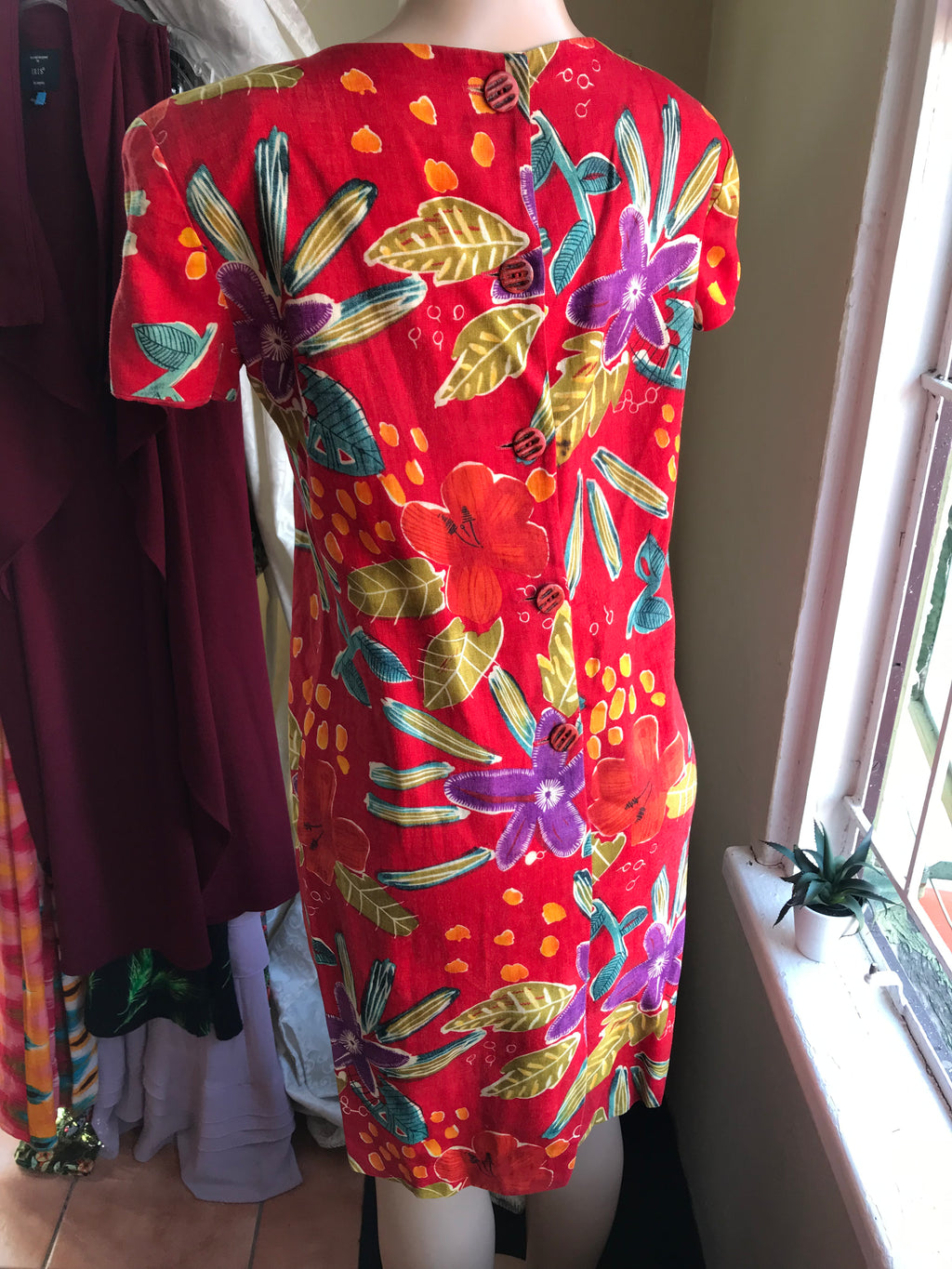 Vintage 100% Linen Red Tunic Dress Button Back Floral - M ^^^