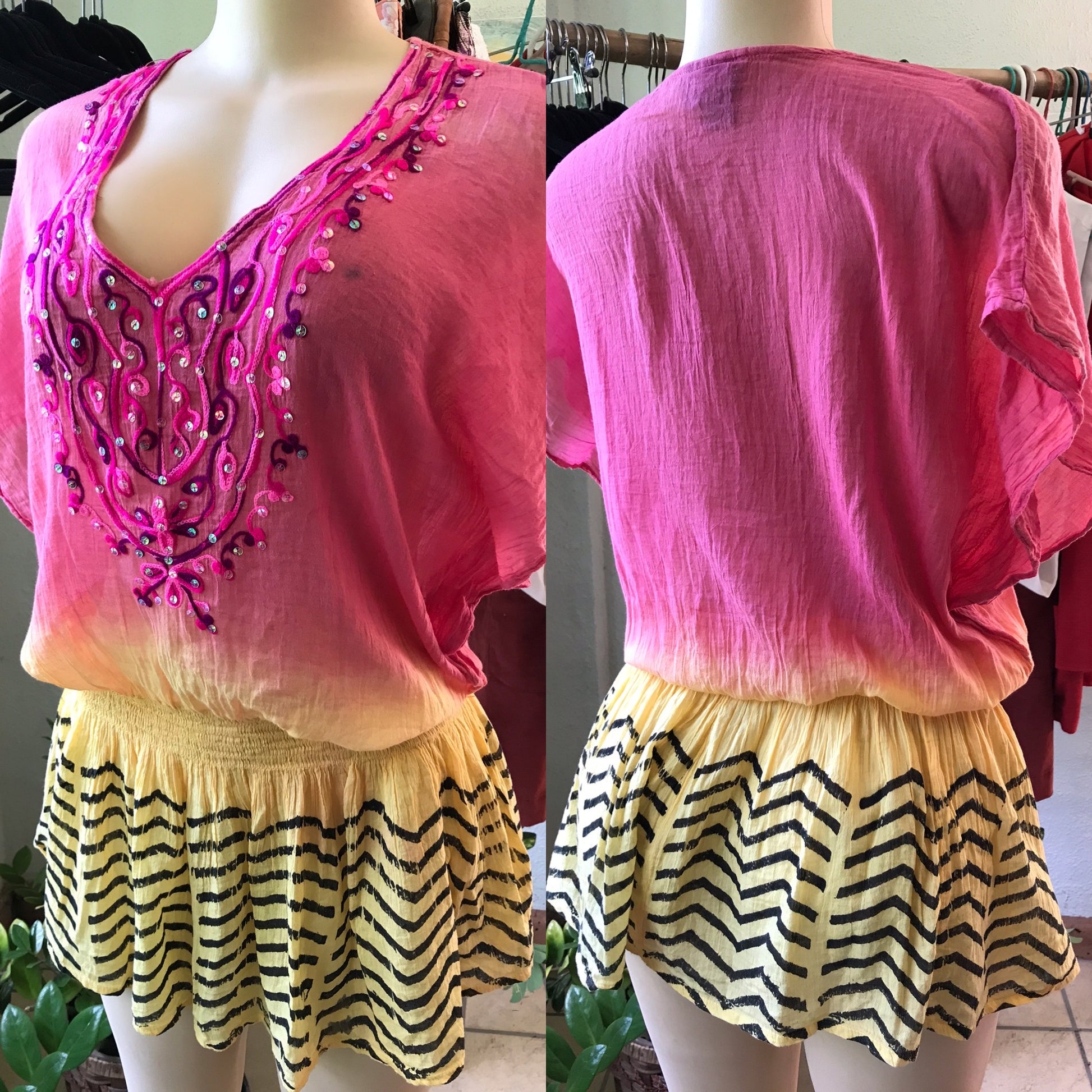 Pink Yellow Fun 100% Cotton Easy Blouse India made