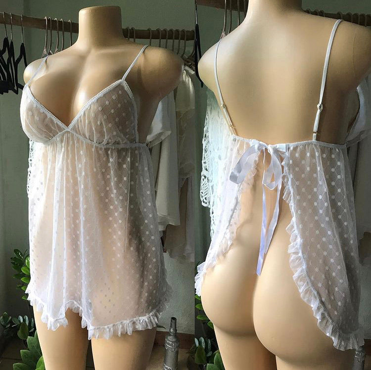 90s White Mesh Dot Lingerie Peekaboo Back