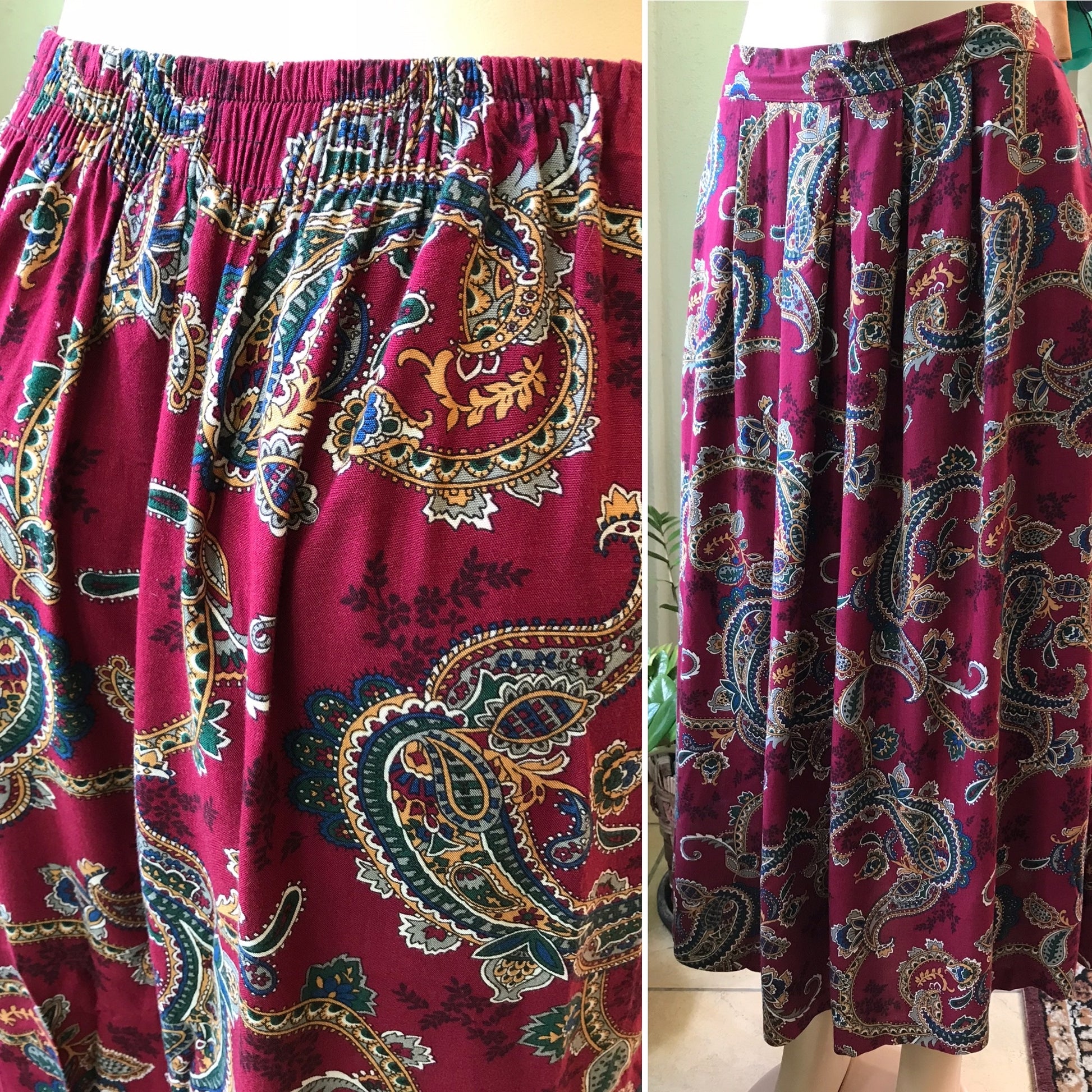 80s Vintage Paisley Wine Midi Skirt
