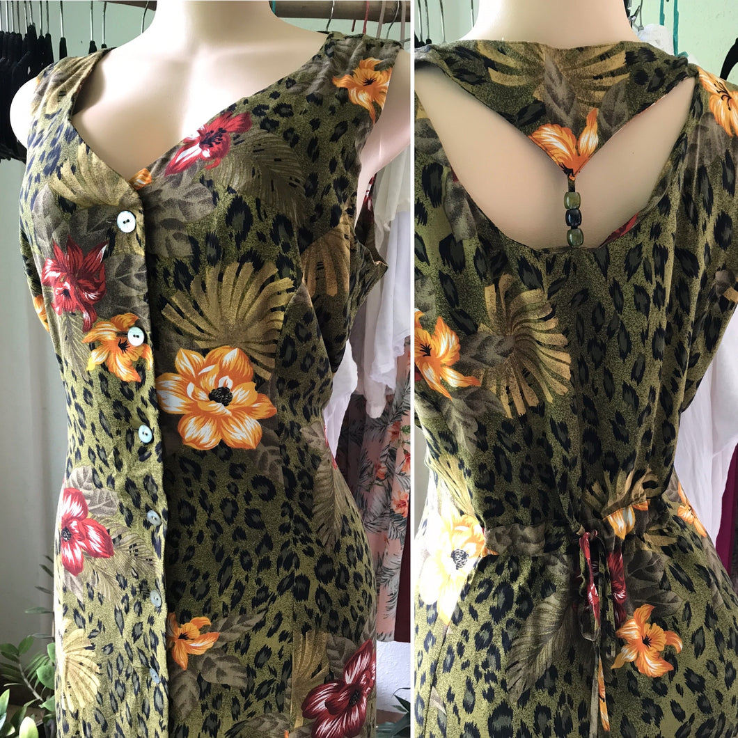 80s Vintage Sun Dress Abalone Buttons Cheetah Flower