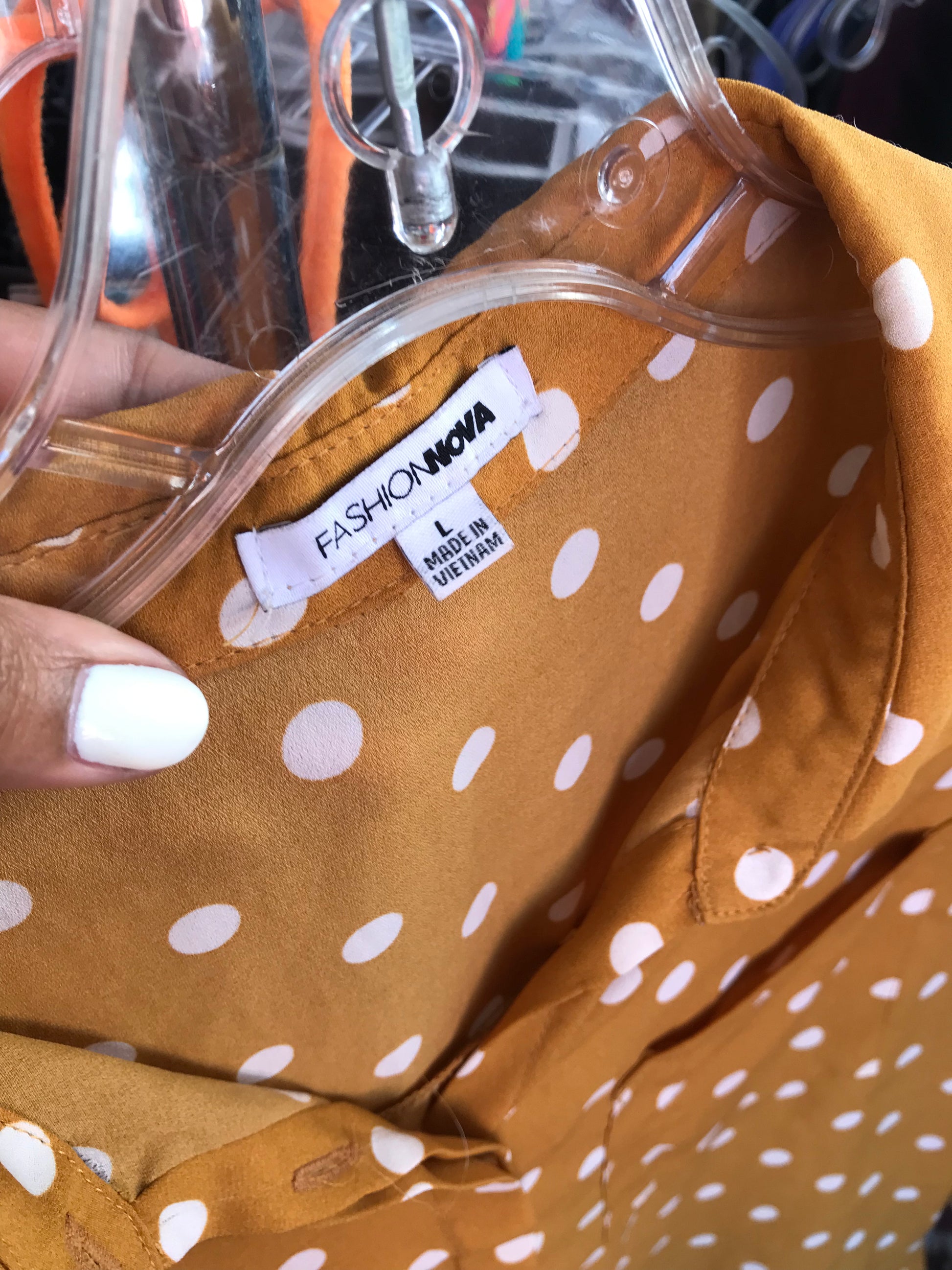 Fashion Nova Mustard Polka Button Shirt - L ...