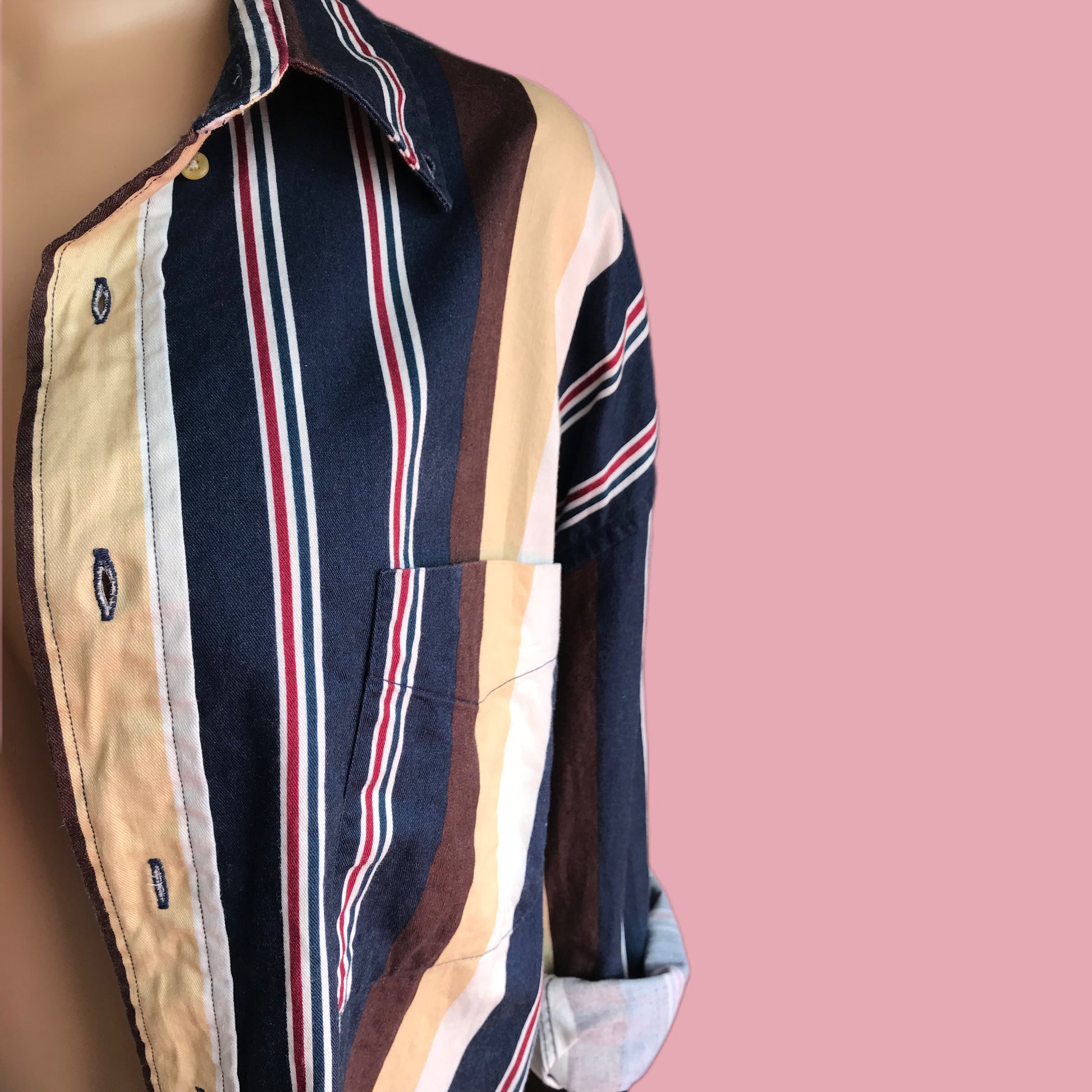 Vintage Mens Denim Stripe Button Shirt - /XL