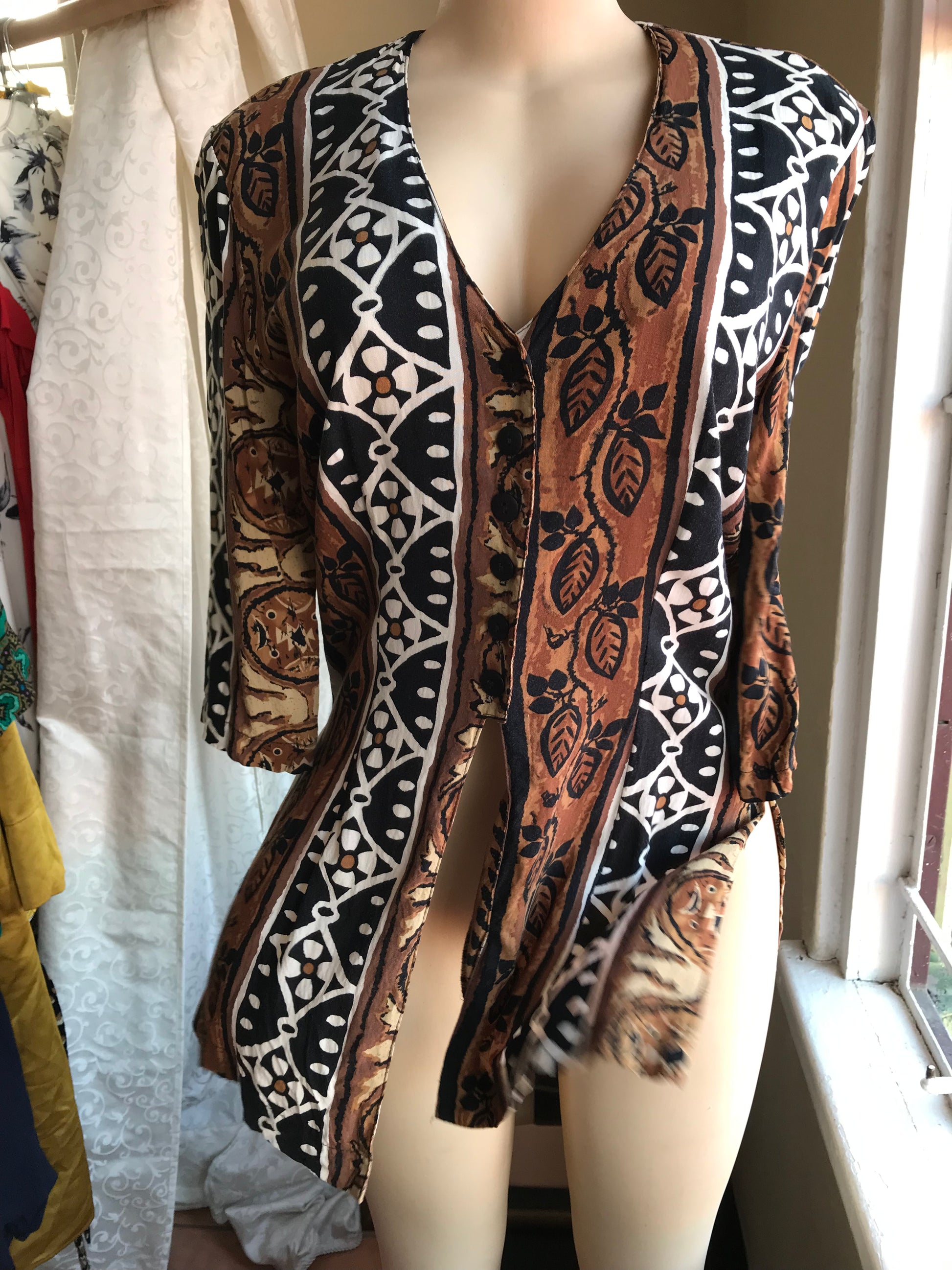 Vintage Earth Tone Print Blouse Button