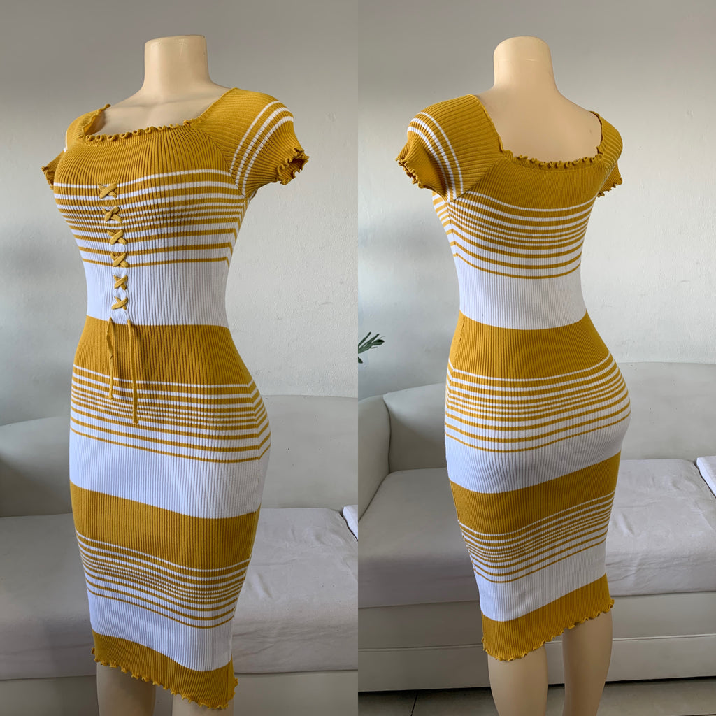 Ribbed Mustard Stripe Dress w Shoelace Detail- M