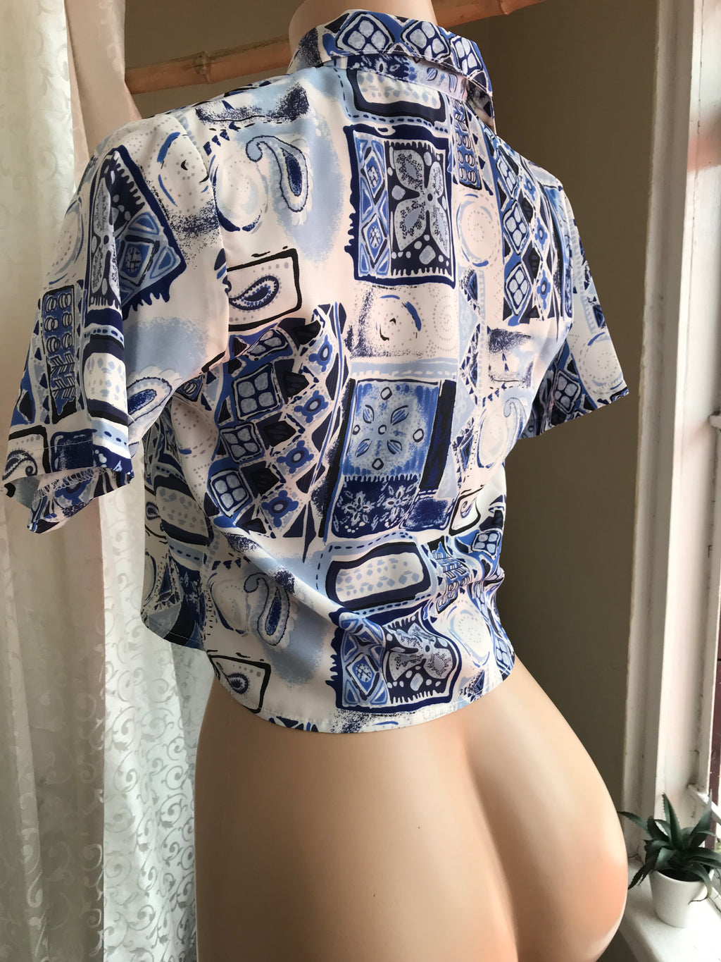 Vintage Blue Print Button Down Shirt - XS/