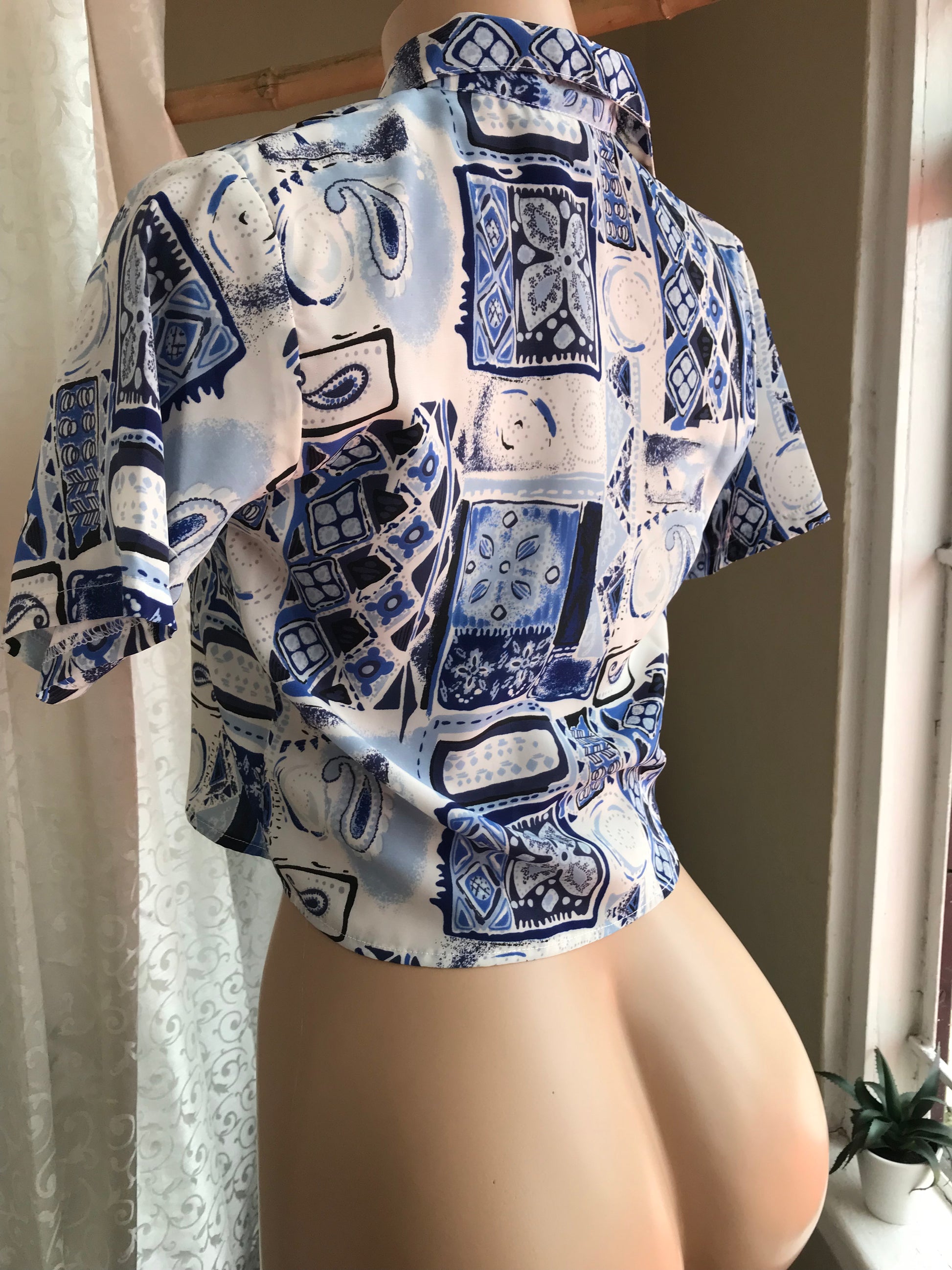 Vintage Blue Print Button Down Shirt - XS/