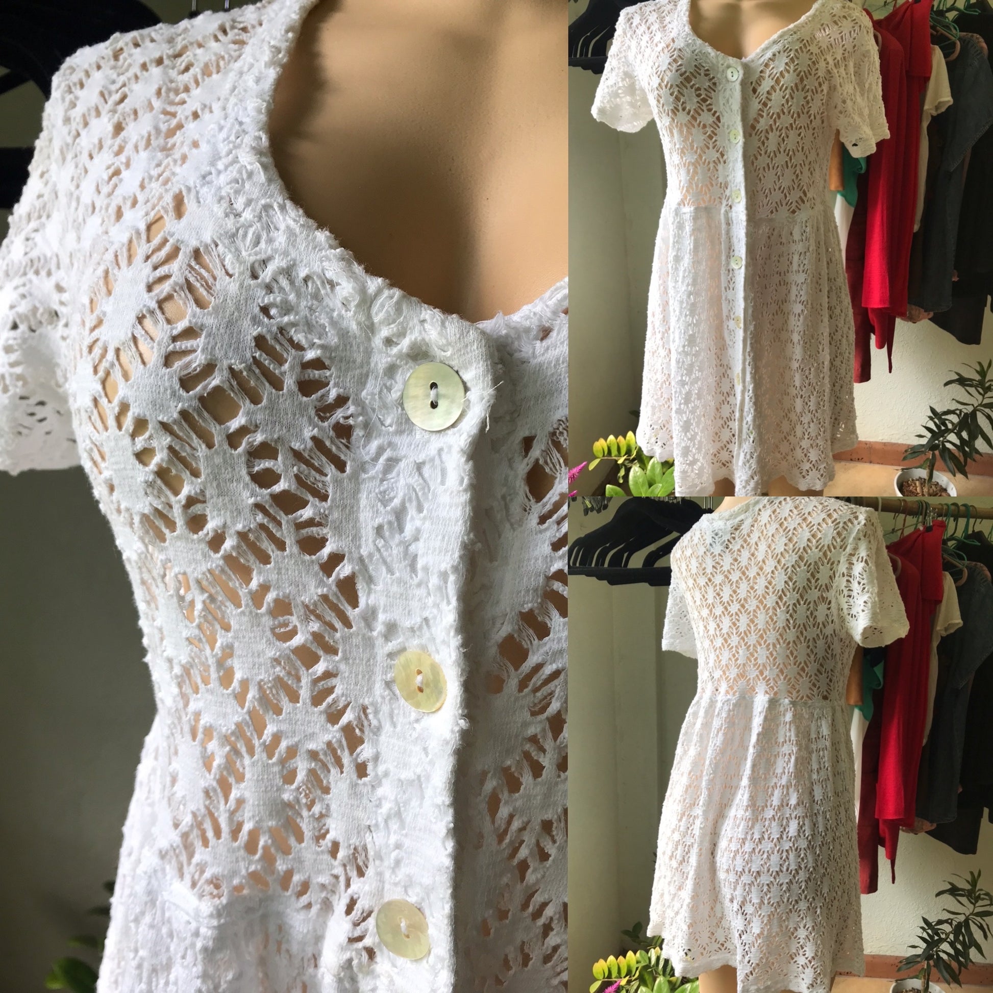 80s Vintage 100% Cotton Abalone Shell Eyelet Babydoll Dress