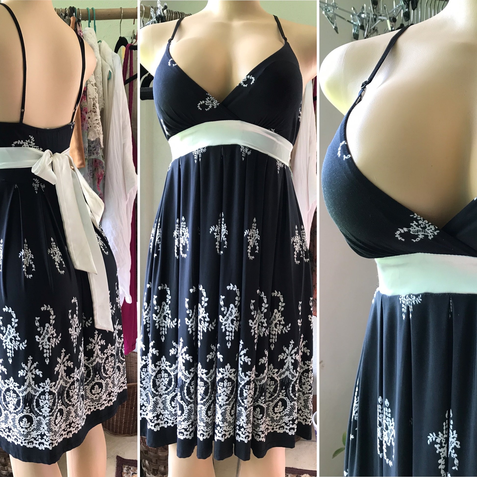 B&W Sash Dress Spaghetti Strap