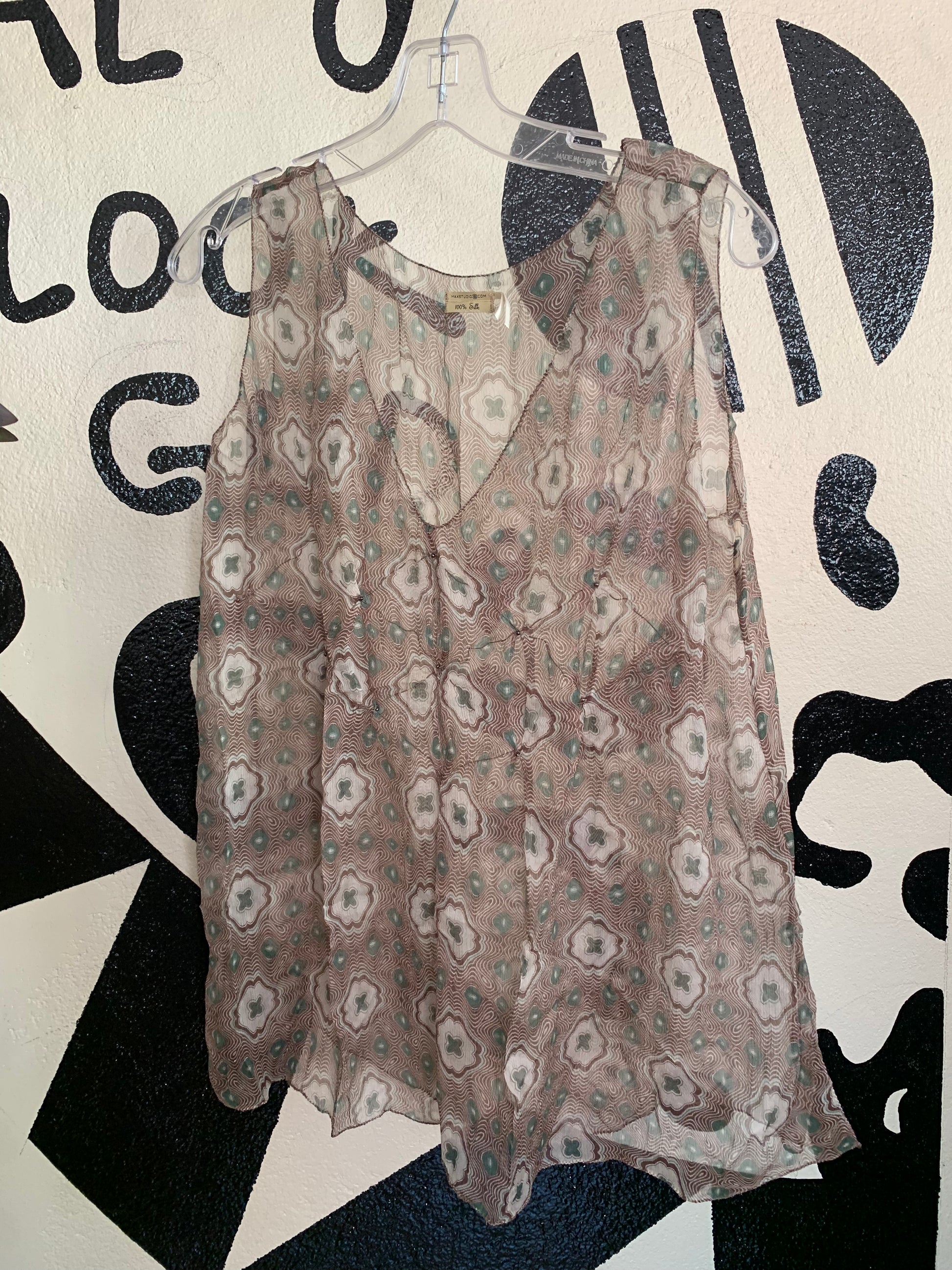 100% Silk Sheer Earth Tone Geo Print Sleeveless Top - M-L ...