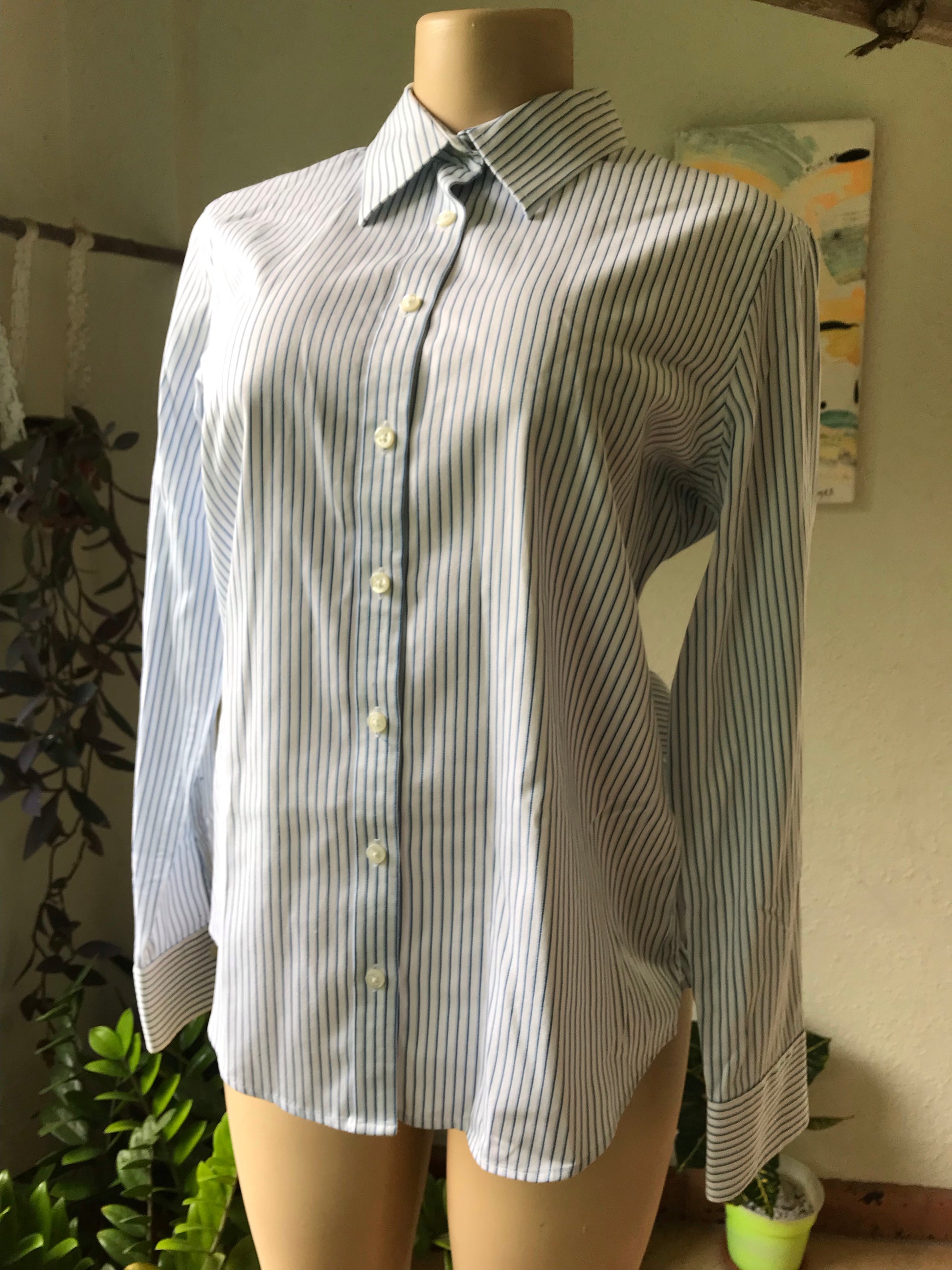 Blue Stripe Office Blouse Stretch Non Iron