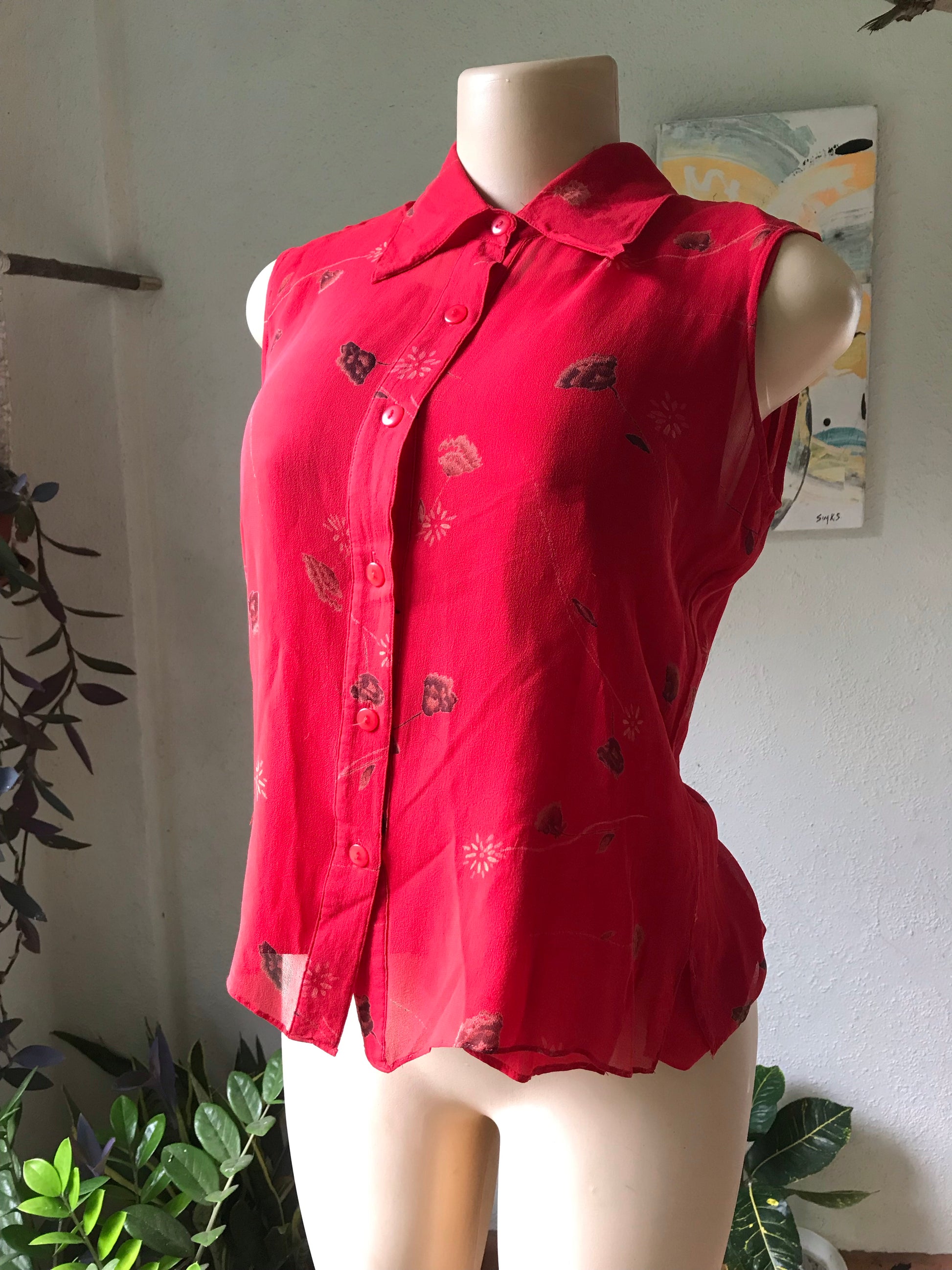 100% Silk Red Sleeveless Blouse Underlay Subtle Print
