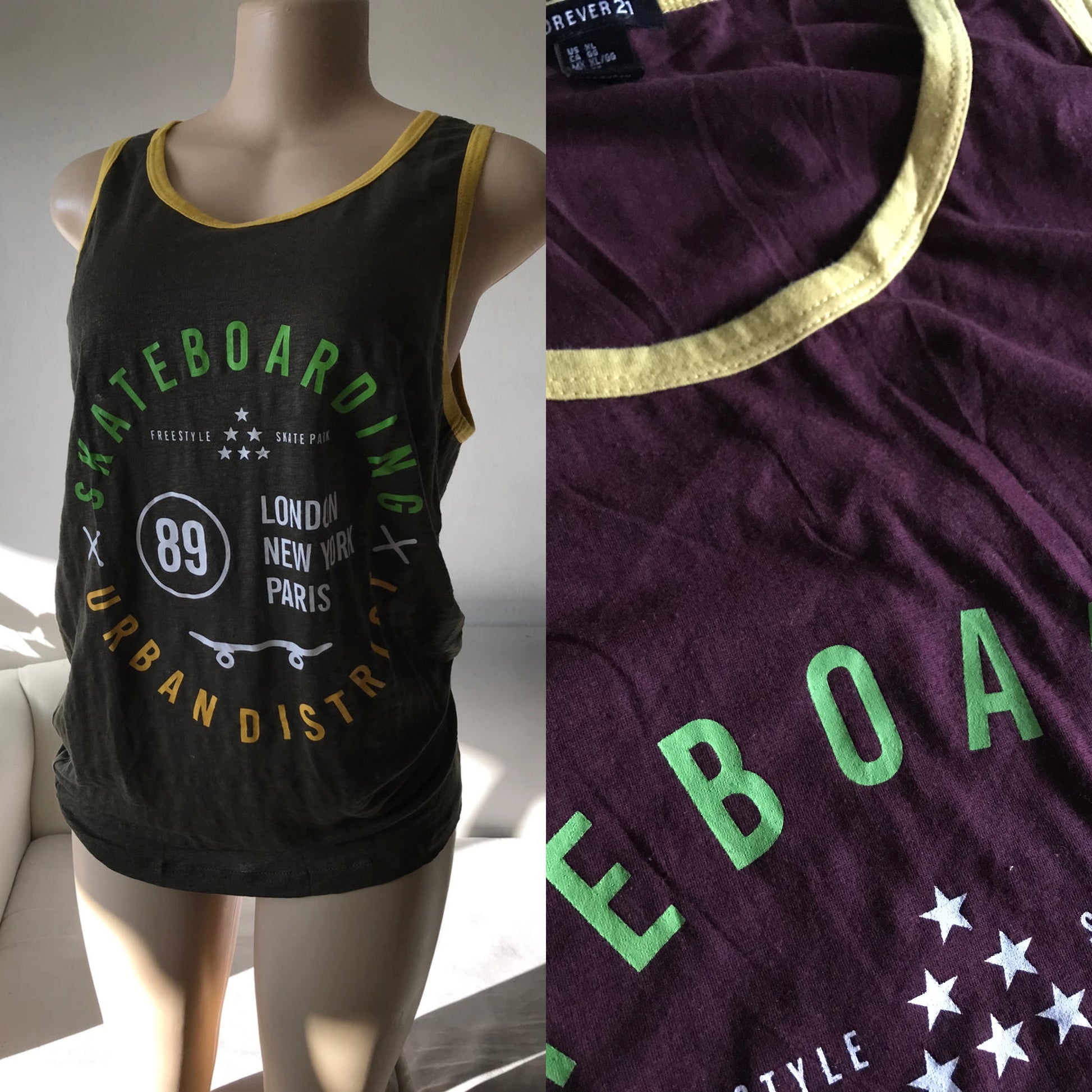 New Forever 21 Earth Green Skateboarding Sleeveless Tank Tee Unisex - L & XL