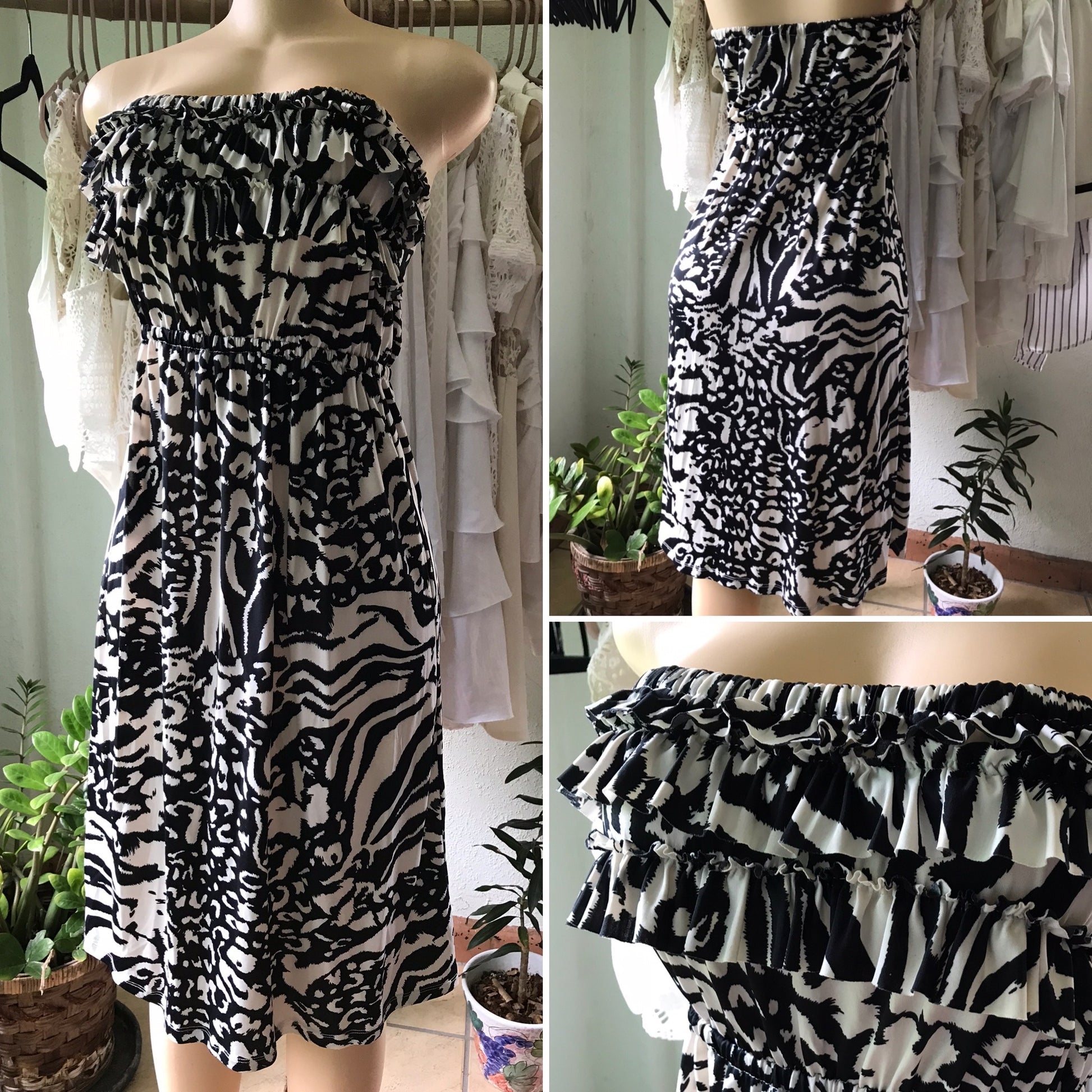 B&W Animal Print Ruffle Strapless Easy Dress