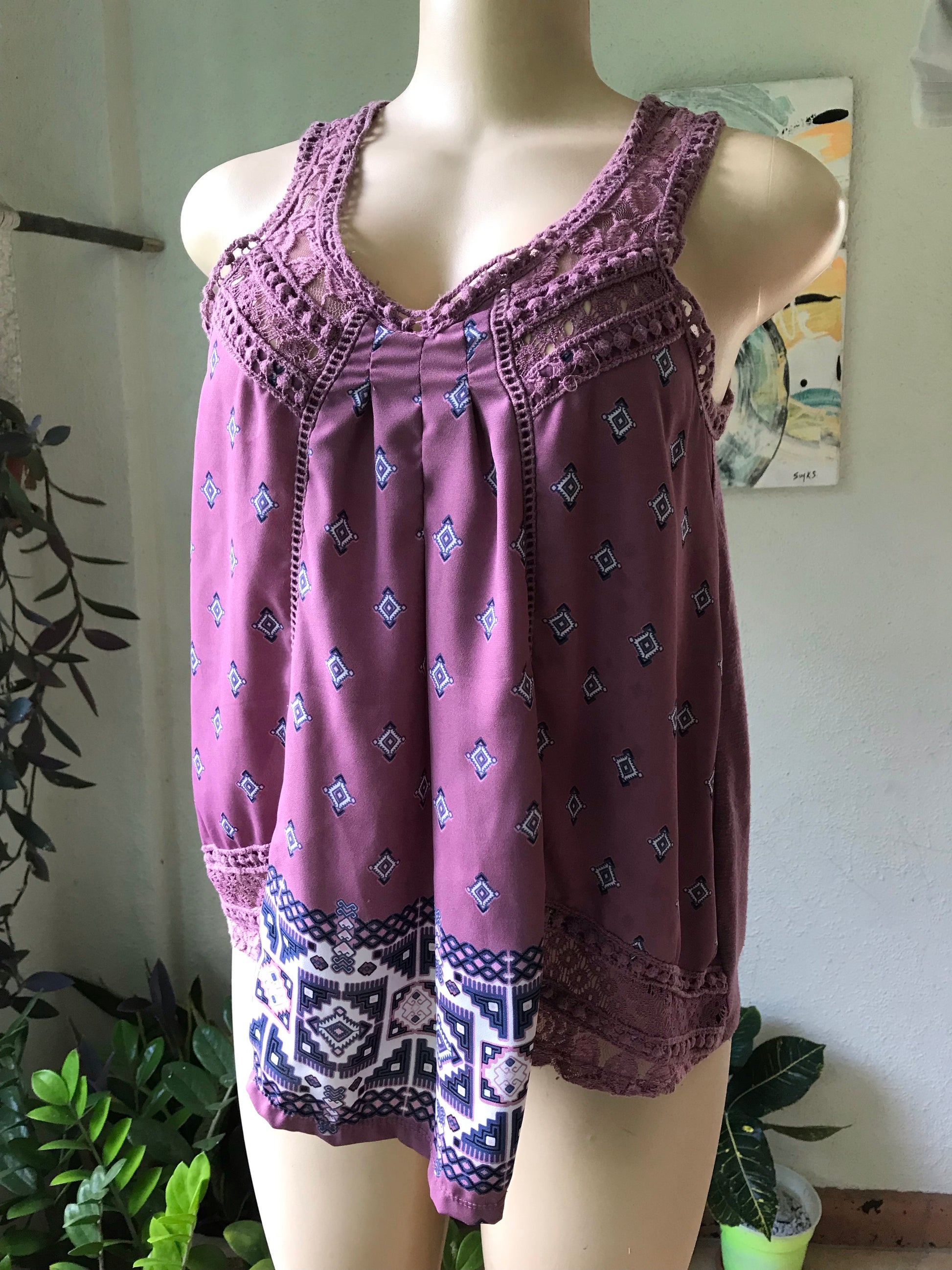 Purple Print Crochet Det Top