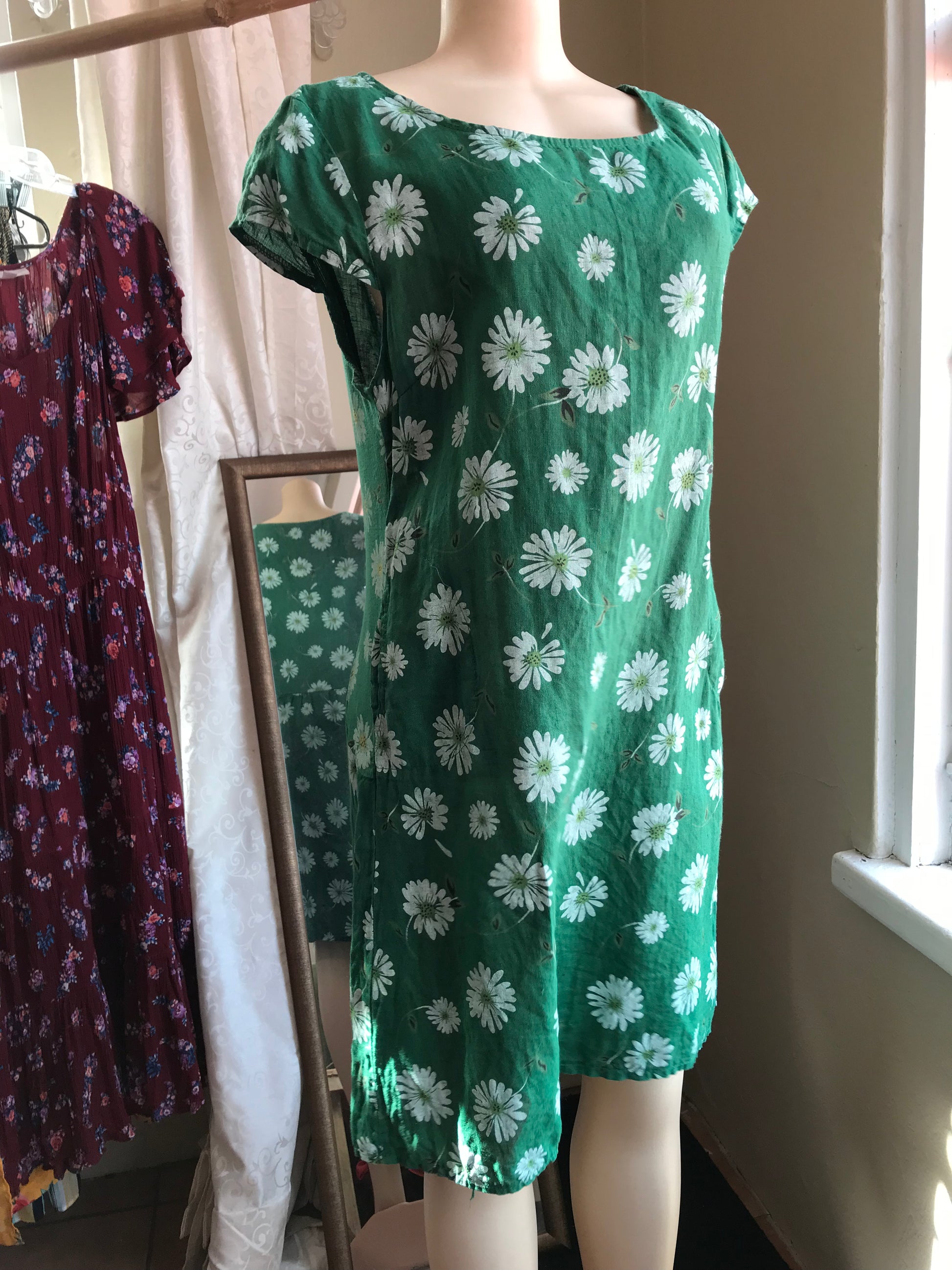 Green Retro  Linen Dress Pockets Daisey - L-XL