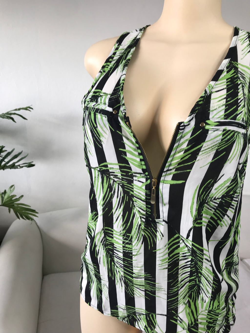 B&W Stripe Sheer Sleeveless Zip Blouse Palm - S/M