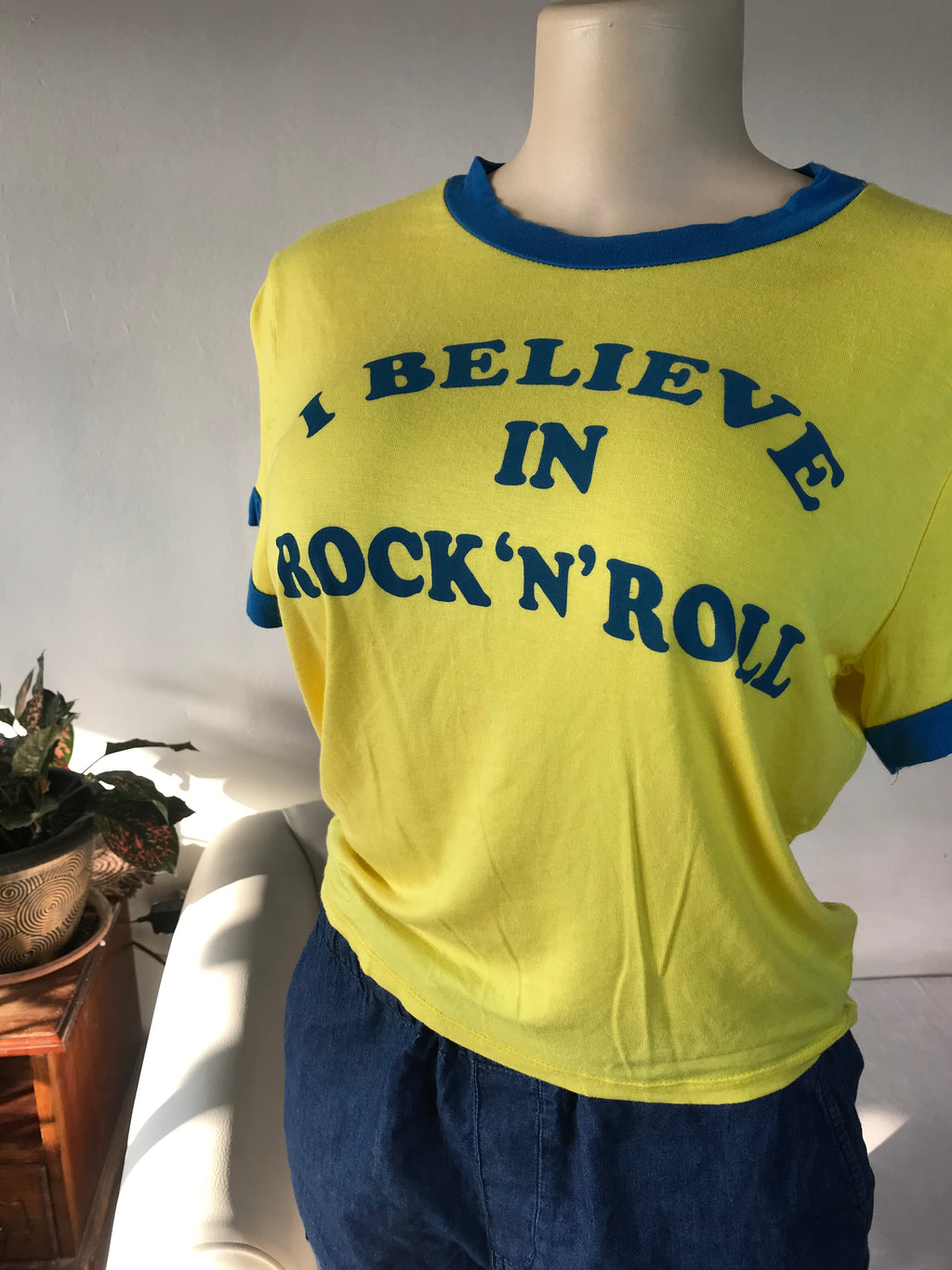 I Believe in Rock n Roll Yellow Blue Graphic Tee - S/M