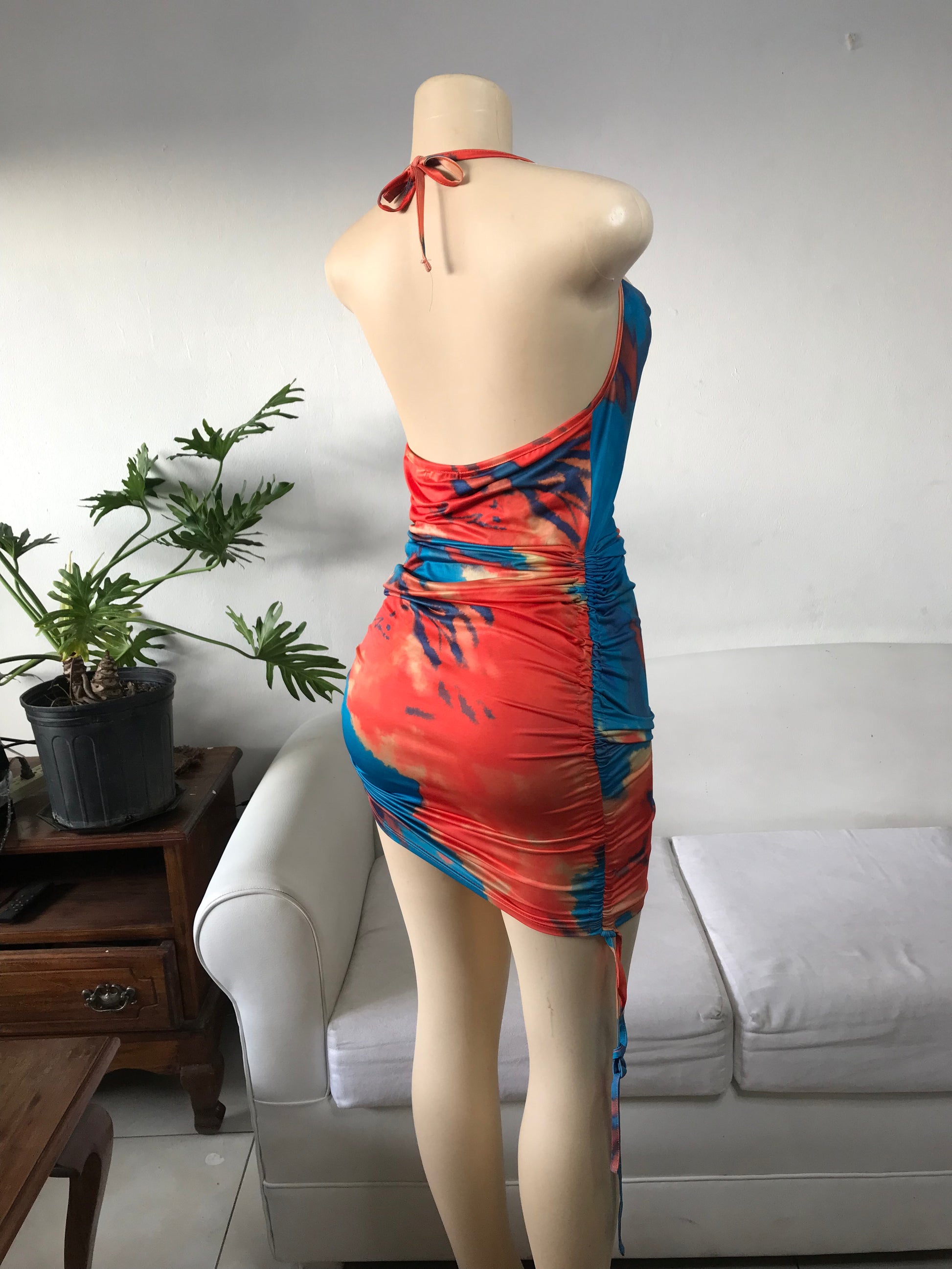 Sideboob Marble Ruche Dress Adjustable orange blue - M