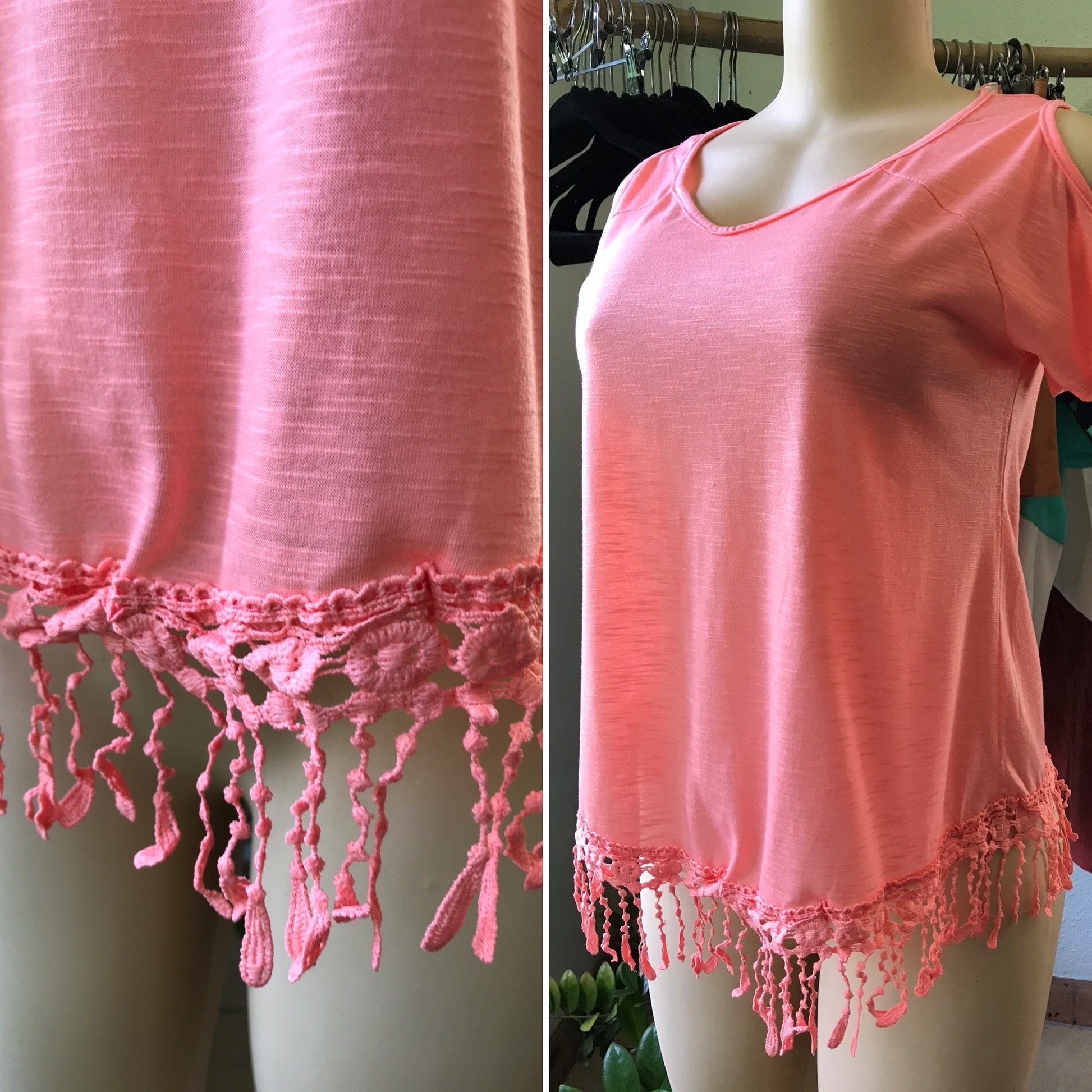 Coral Crochet Tassel Basic Cold Shoulder Top