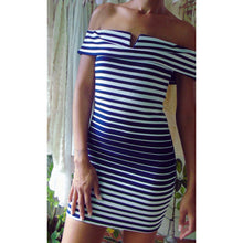 Load image into Gallery viewer, GUESS Stripe Off the Shoulder Bodycon Dress V White

