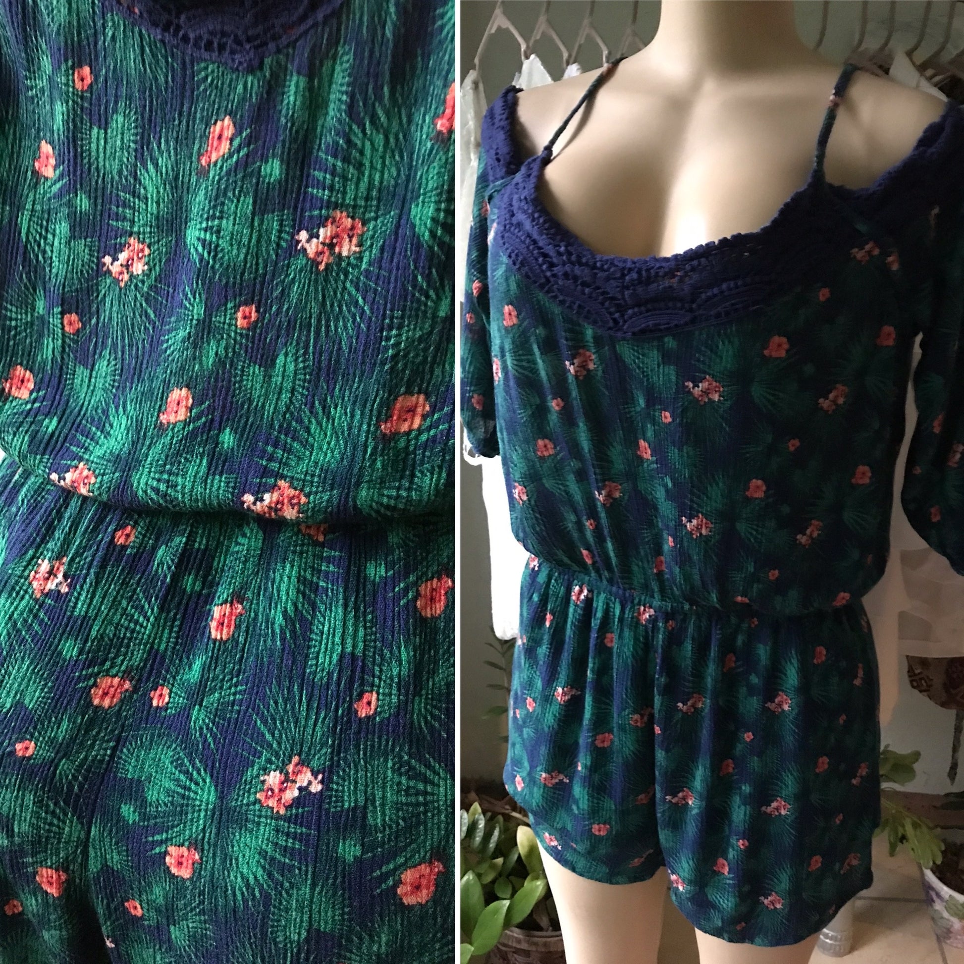 Green Palm Leaf Crinkle Romper Cold Shoulder
