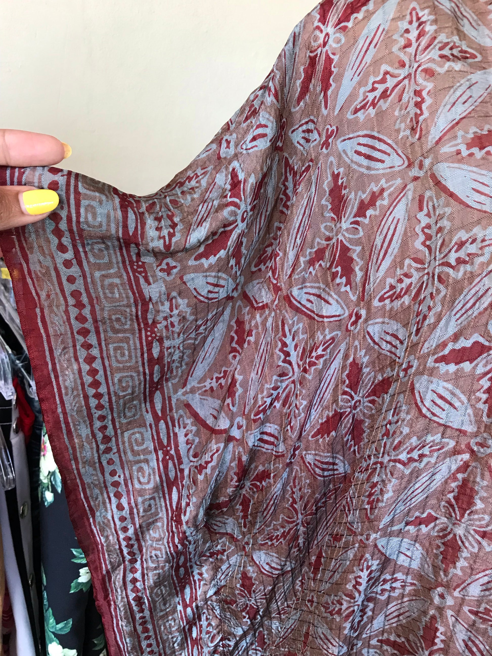 100% Silk Grey & Red Print Kaftan Blouse One Size
