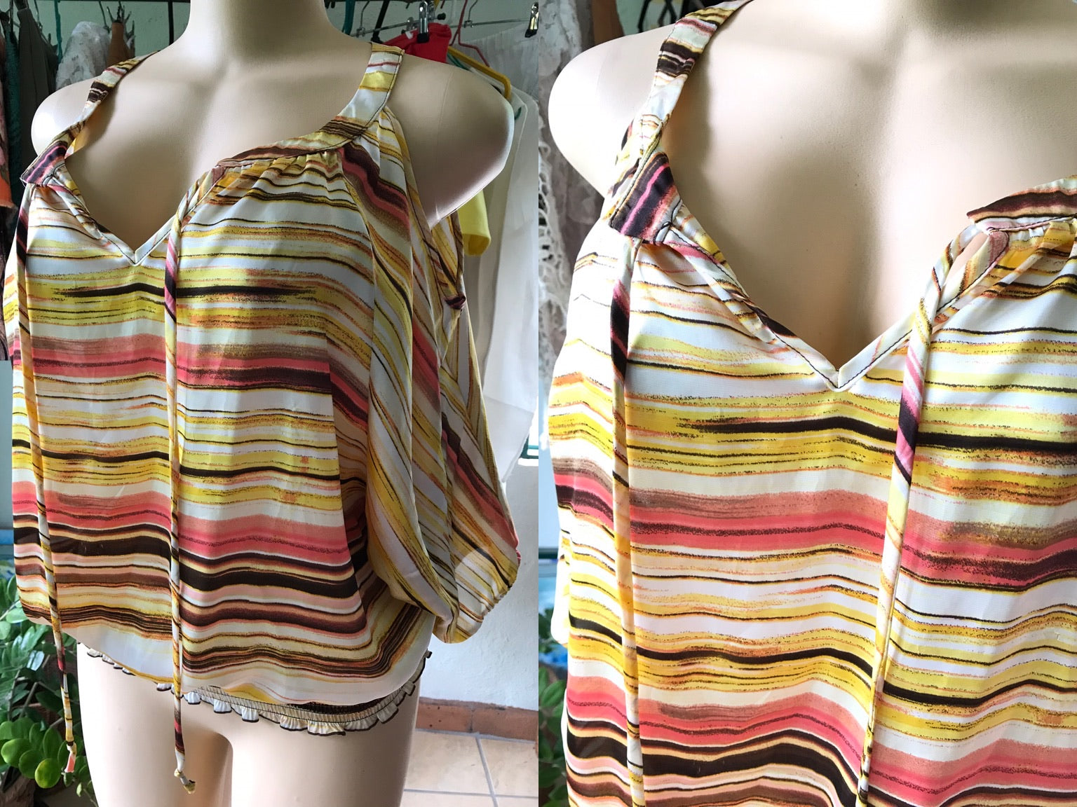 Silky Stripe Yellow Cold Shoulder Blouse