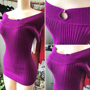 Vintage Purple Off the Shoulder Ribbed Knit Blouse