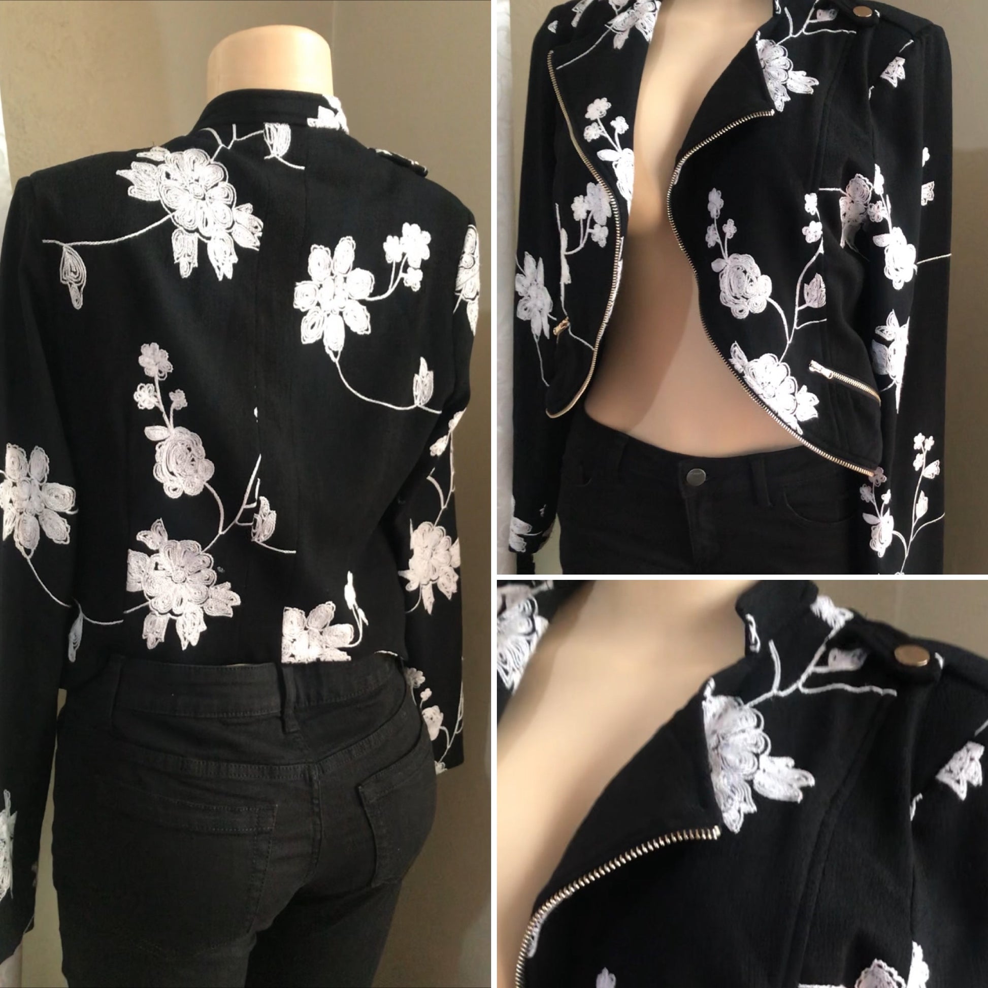 New B&W Flower Embroidery Zip Jacket Statement Work / Play - L
