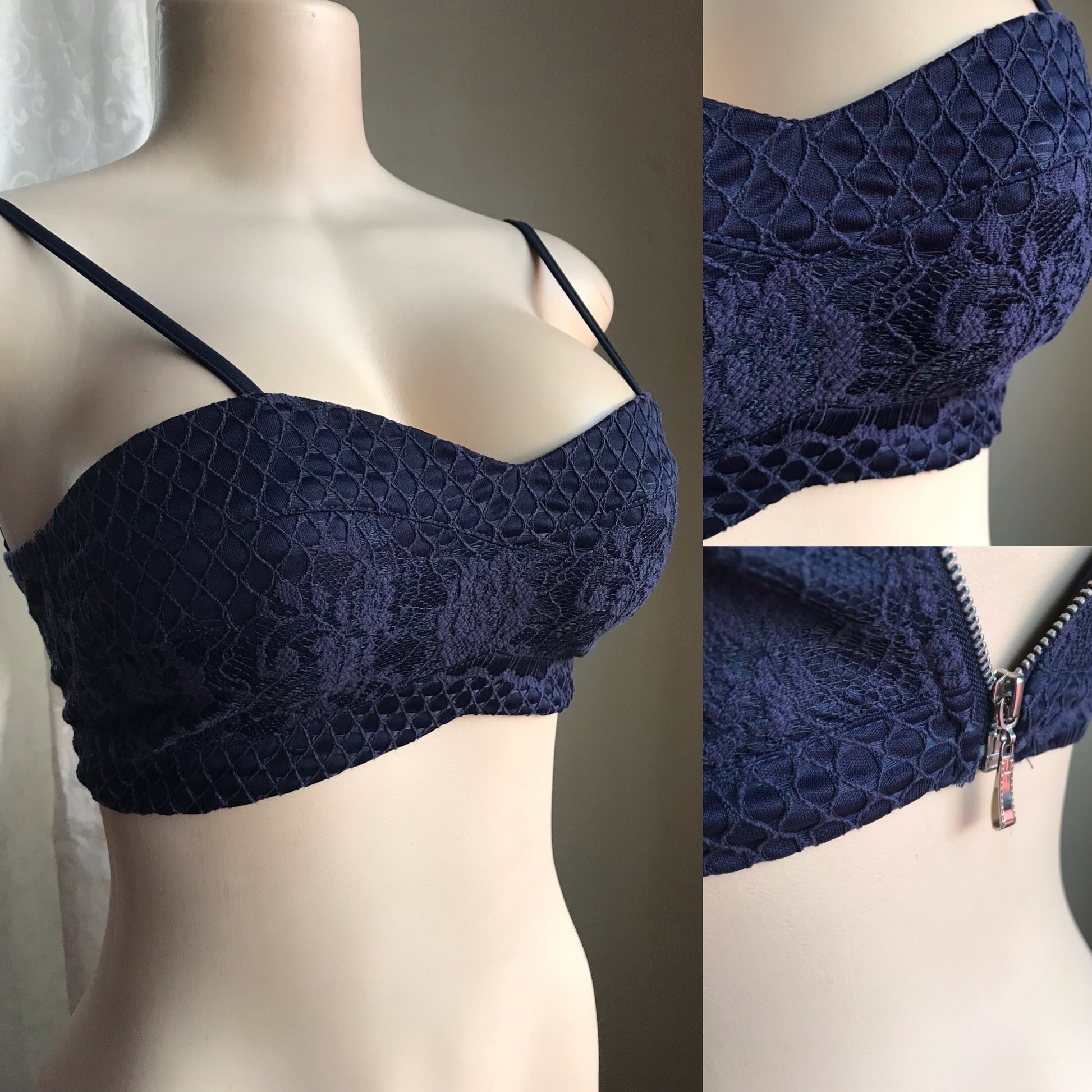 Navy Sweetheart Spaghetti Zip Crop Top