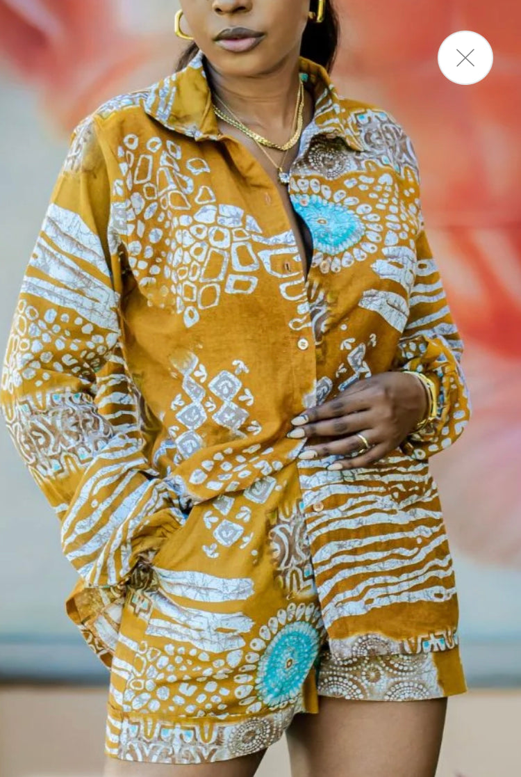 Rhea Imani Linen African Print Shorts Mustard - L / W33