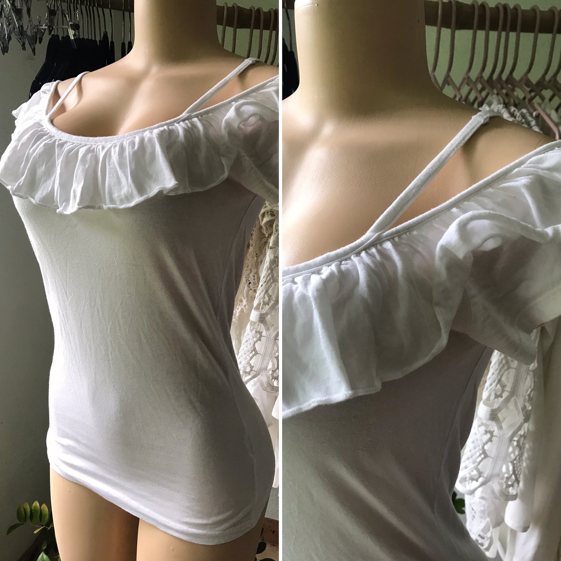 Basic White Cold Shoulder Ruffle Blouse