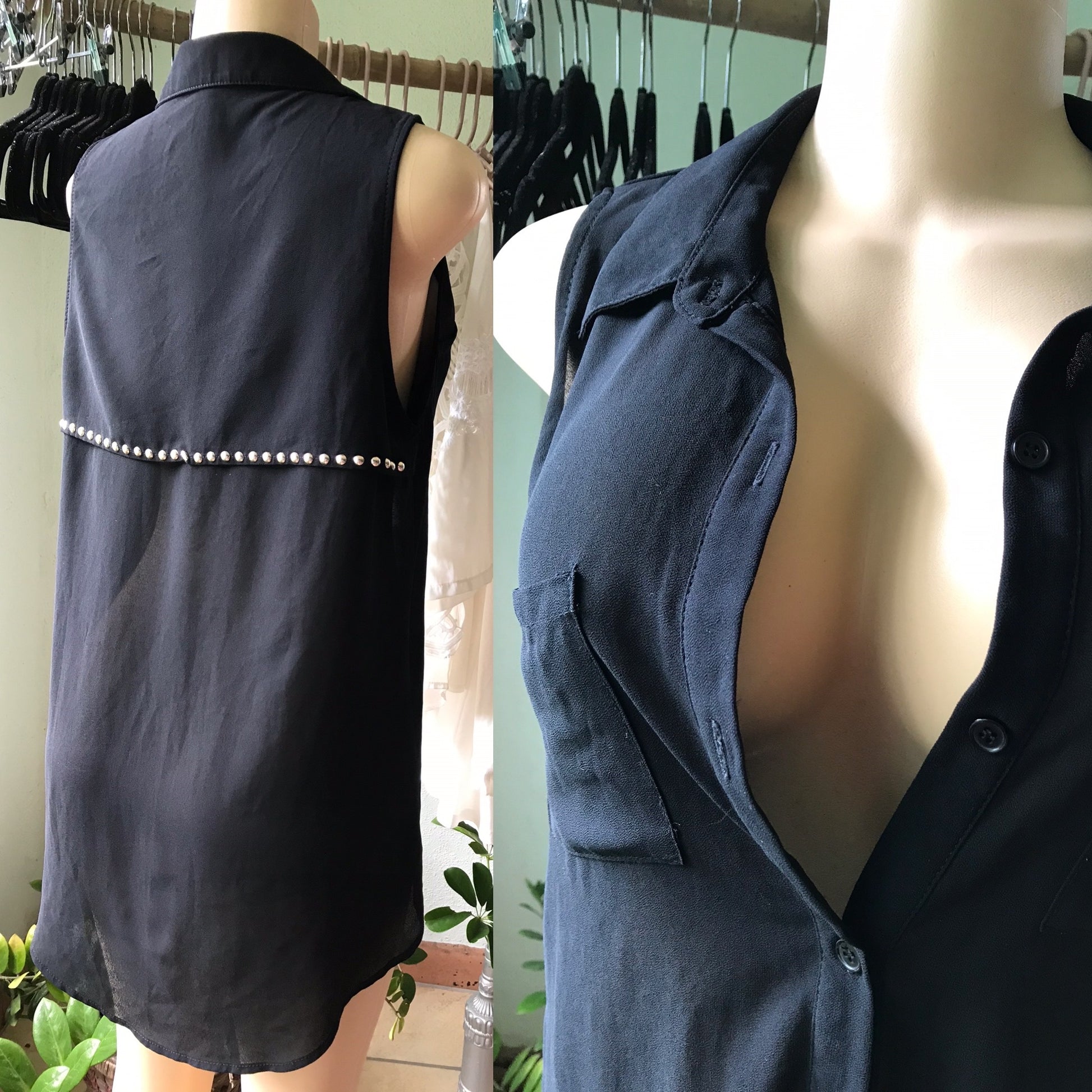 Sans Souci Black Sheer High Low Blouse Silver Stud Detail