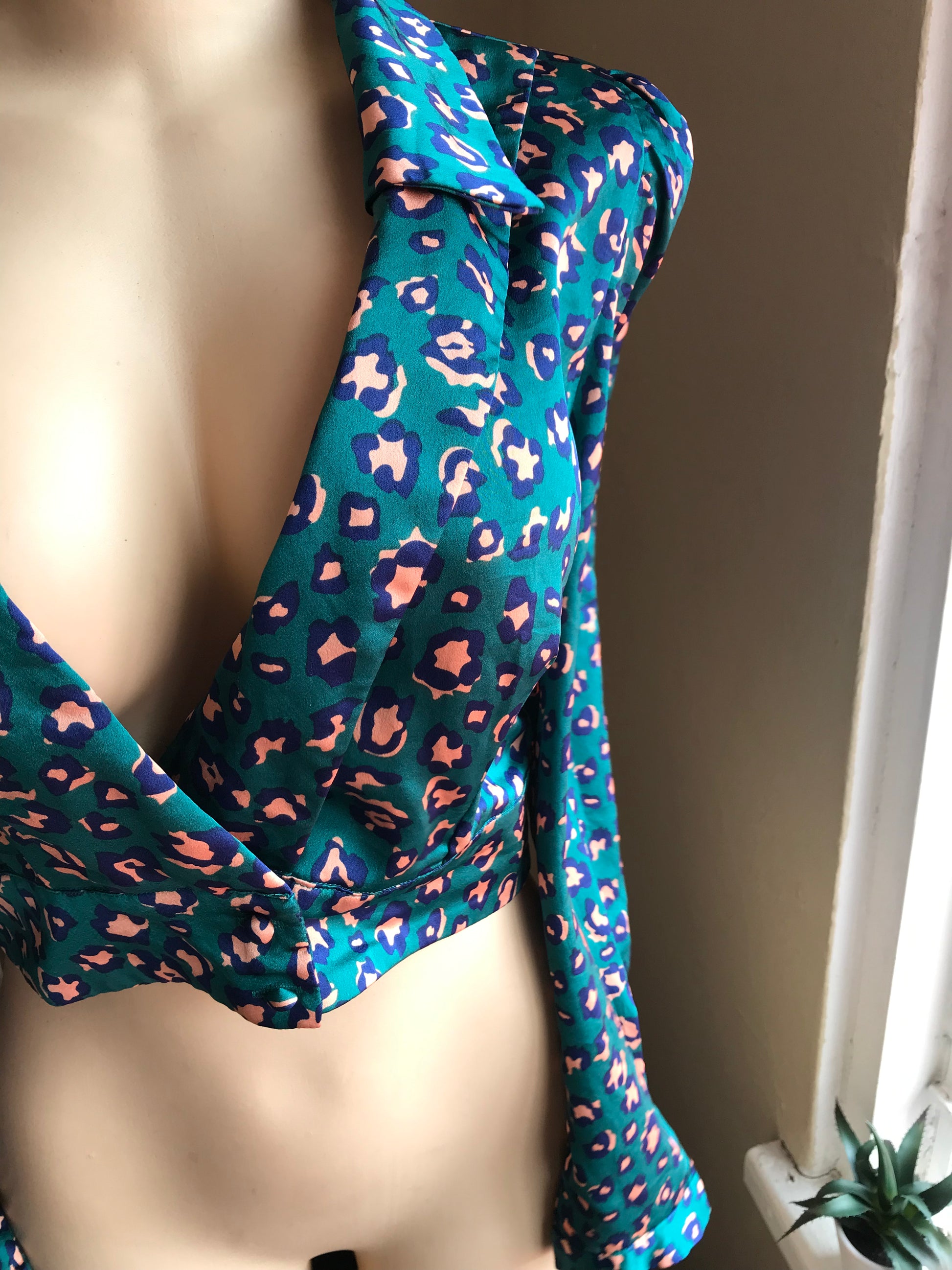 Fashion Nova Silky Teal Cheetah Wrap Blouse - M