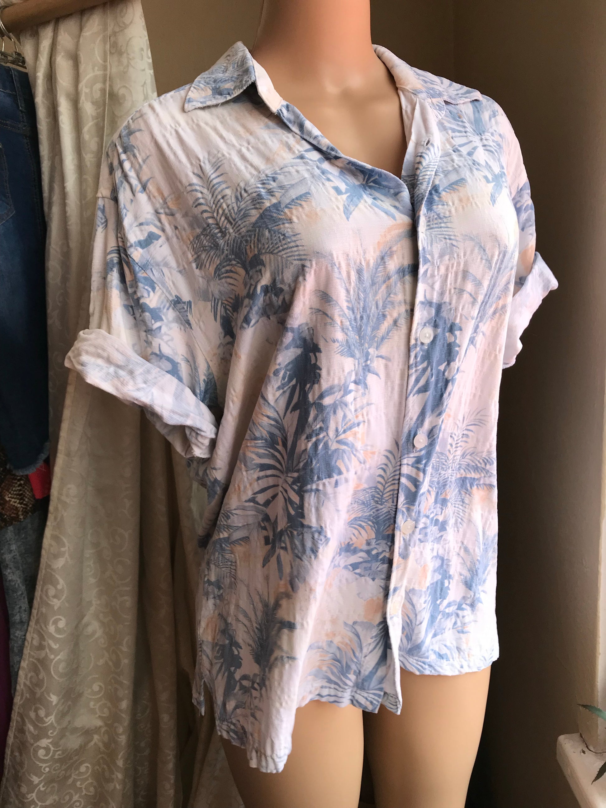 Vintage Pastel Blue Palm Button Down Mens - M