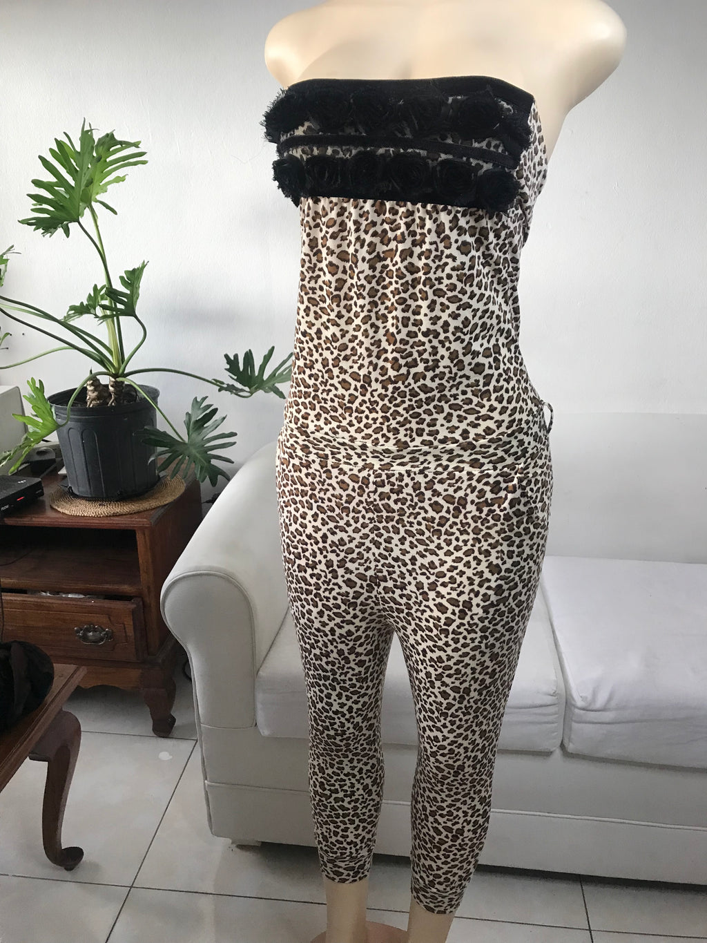 Cheetah Print Cuffed Jumpsuit Flower Detail - S ~~~