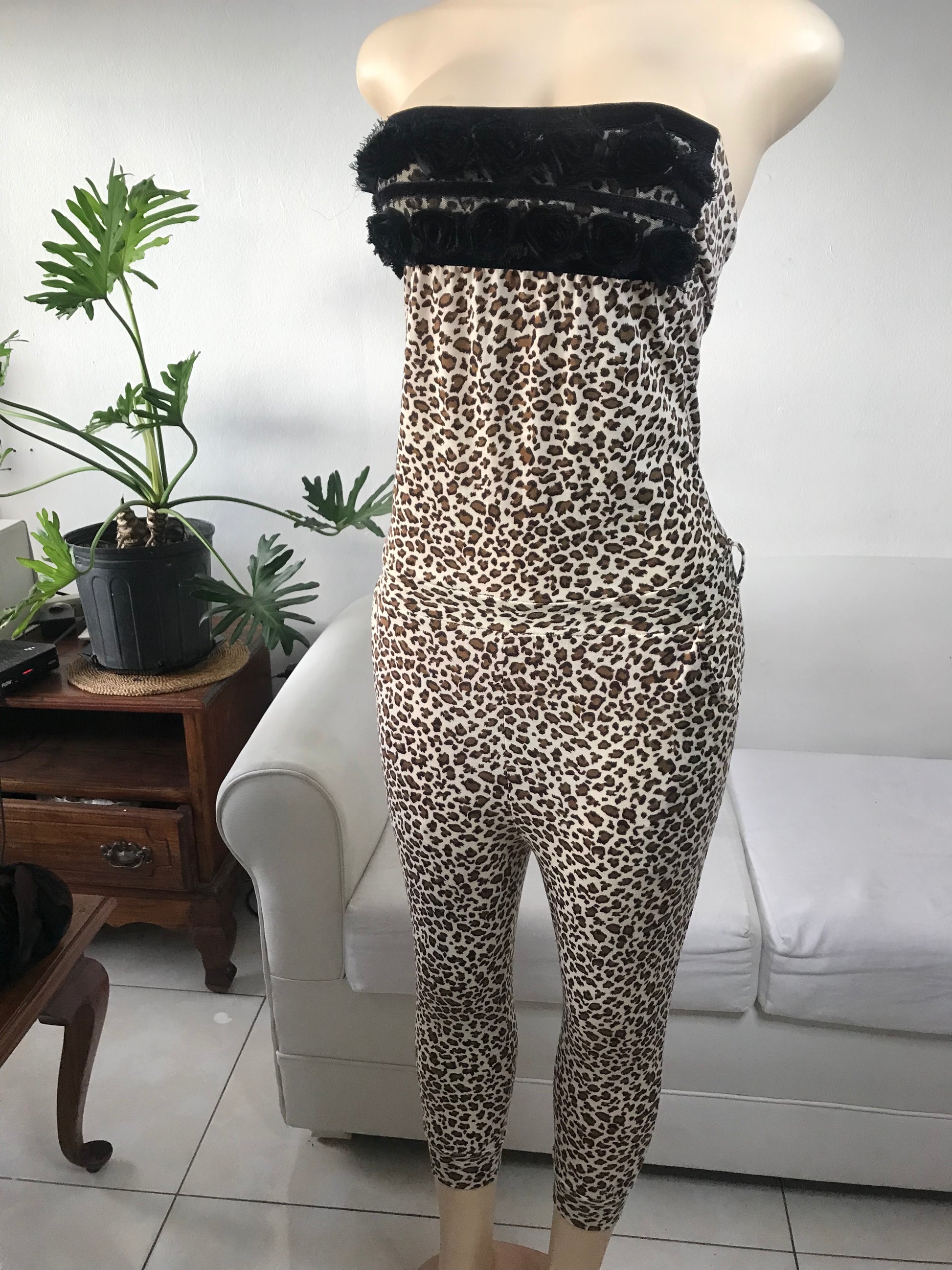 Cheetah Print Cuffed Jumpsuit Flower Detail - S ~~~