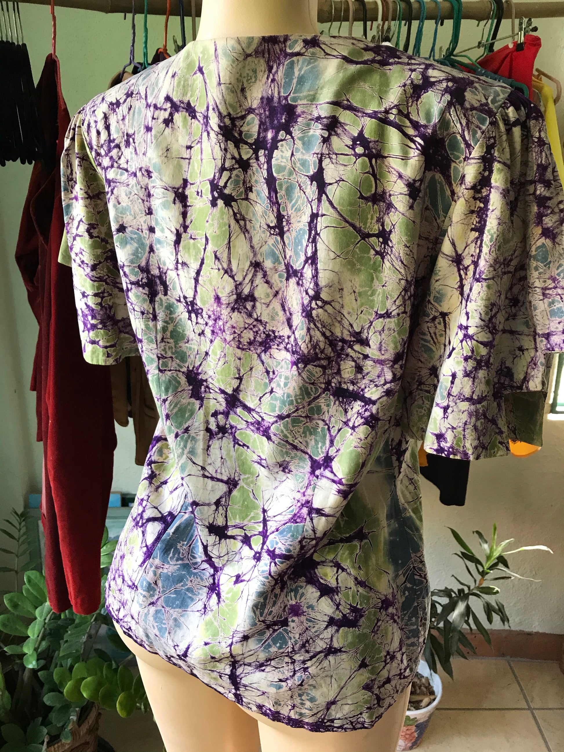 Vintage Marble Tie Die Button Down Blouse With Shoulder Pads