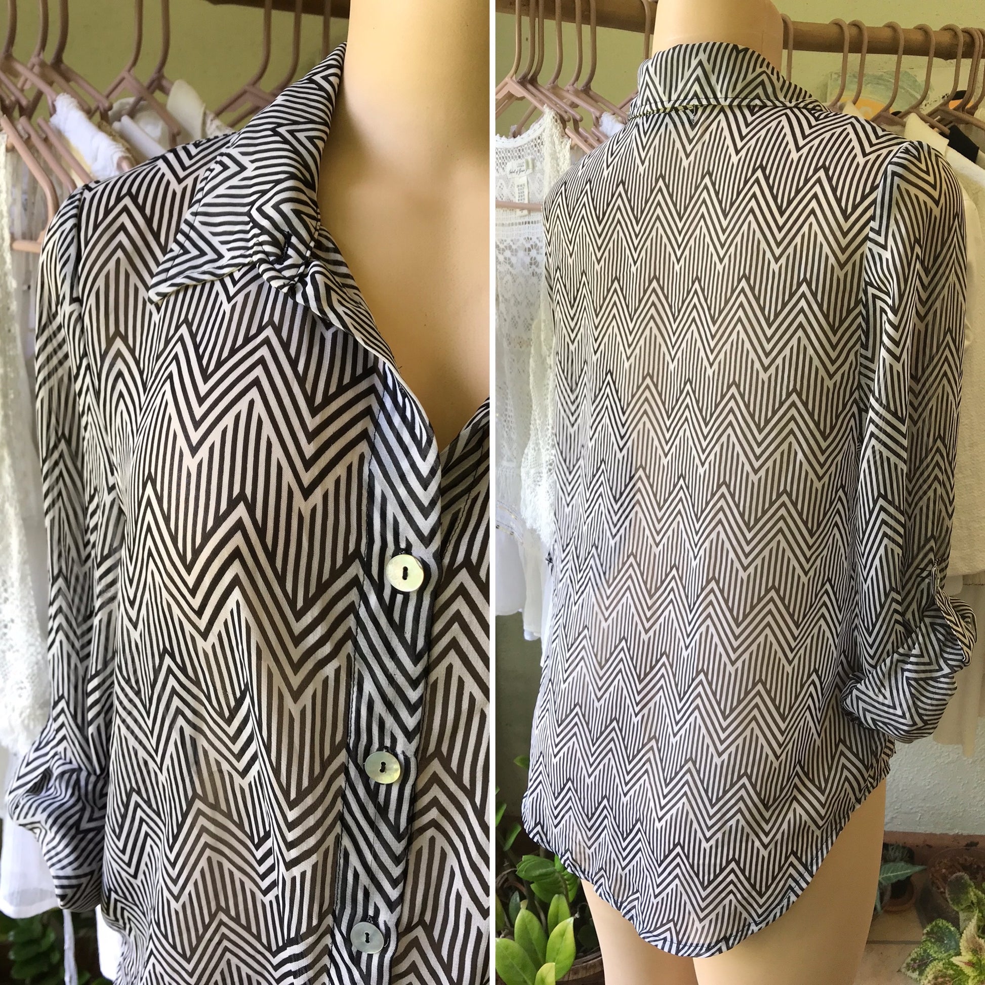 B&W Zigzag Sheer Breezy Button Blouse